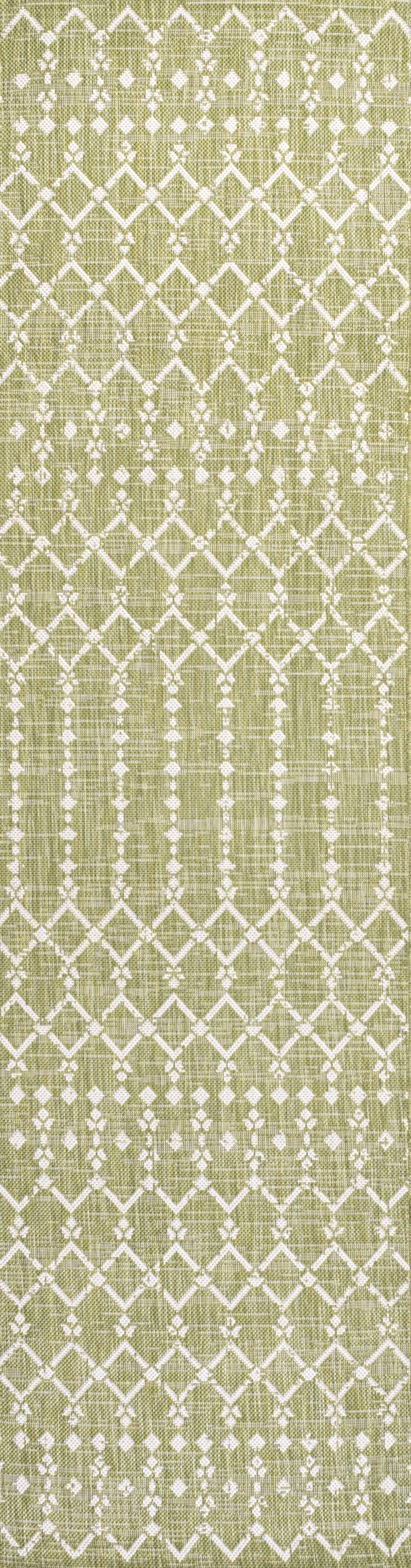 8' Light Green And Cream Trellis Indoor Outdoor Runner Rug Homeroots Outdoor