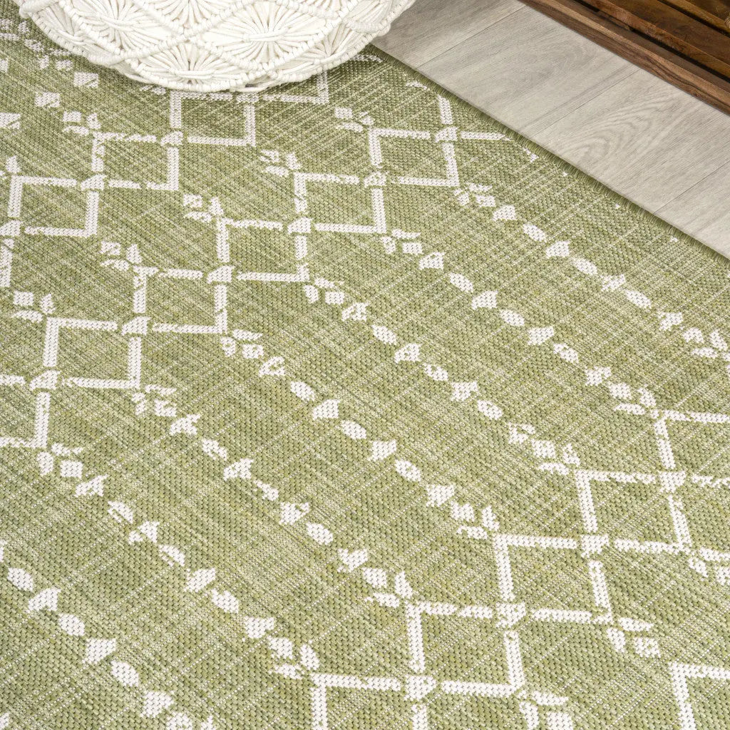 8' Light Green And Cream Trellis Indoor Outdoor Runner Rug Homeroots Outdoor
