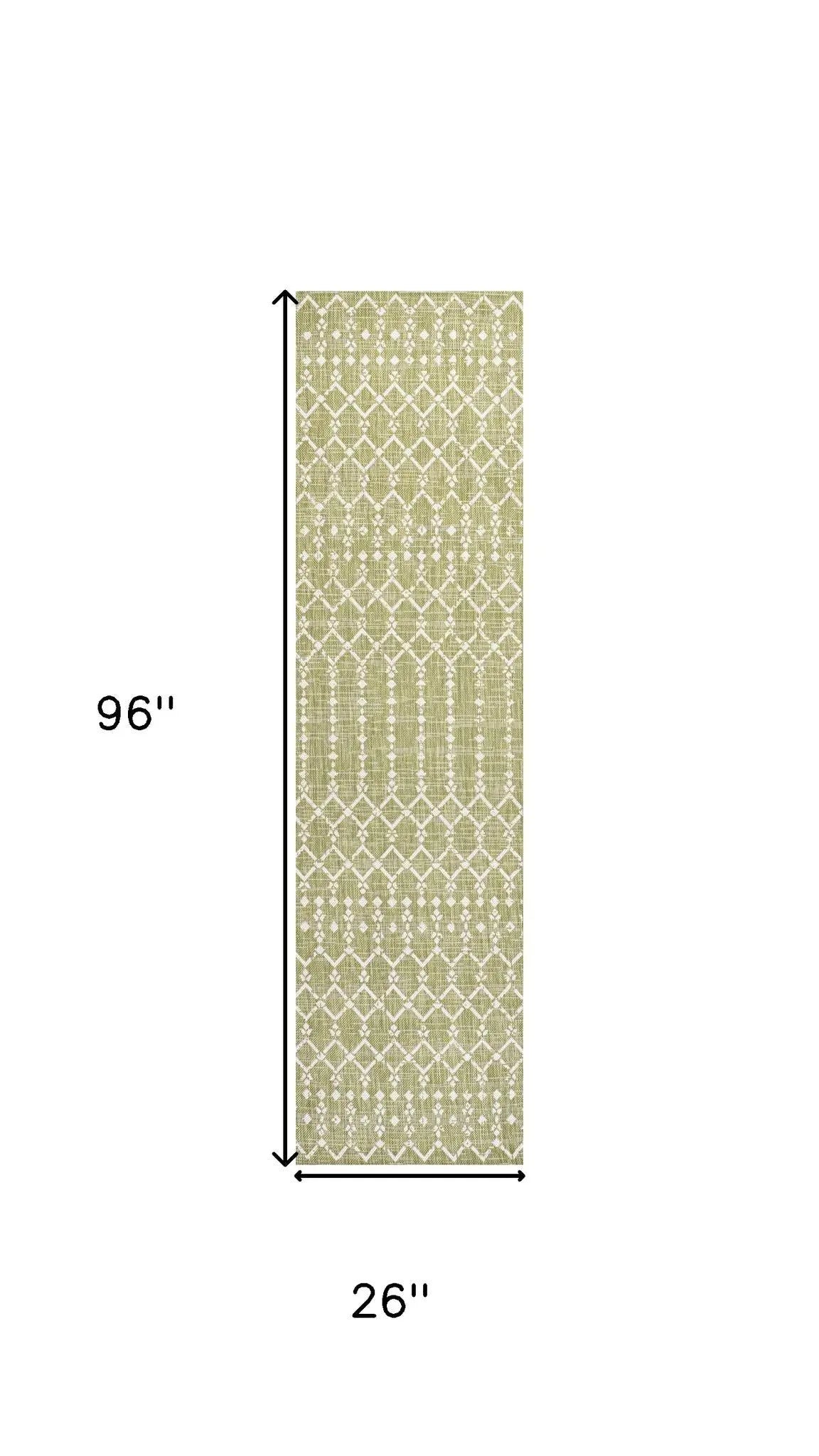 8' Light Green And Cream Trellis Indoor Outdoor Runner Rug Homeroots Outdoor
