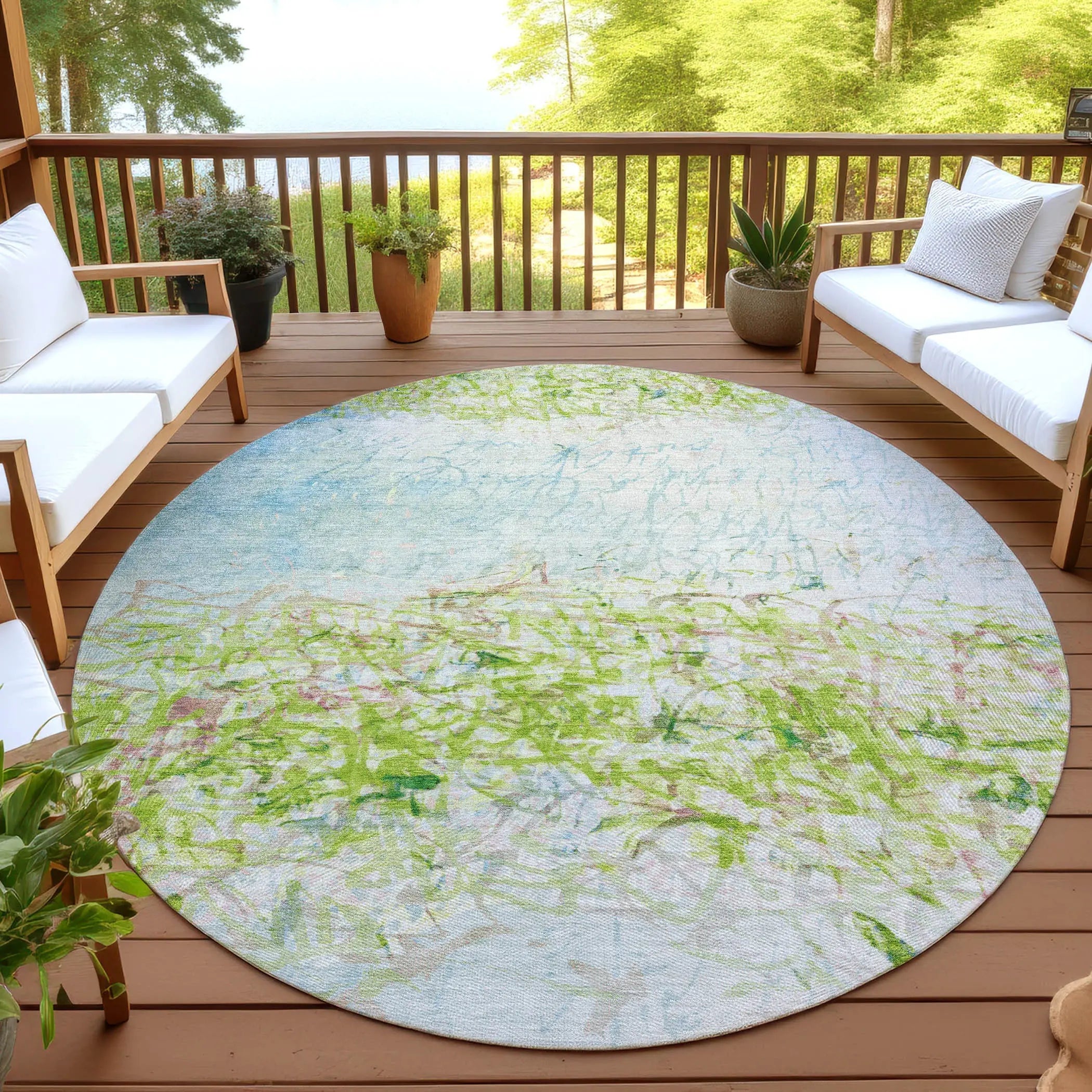 8' Lime Green And Ivory Round Abstract Washable Indoor Outdoor Area Rug Homeroots Outdoor