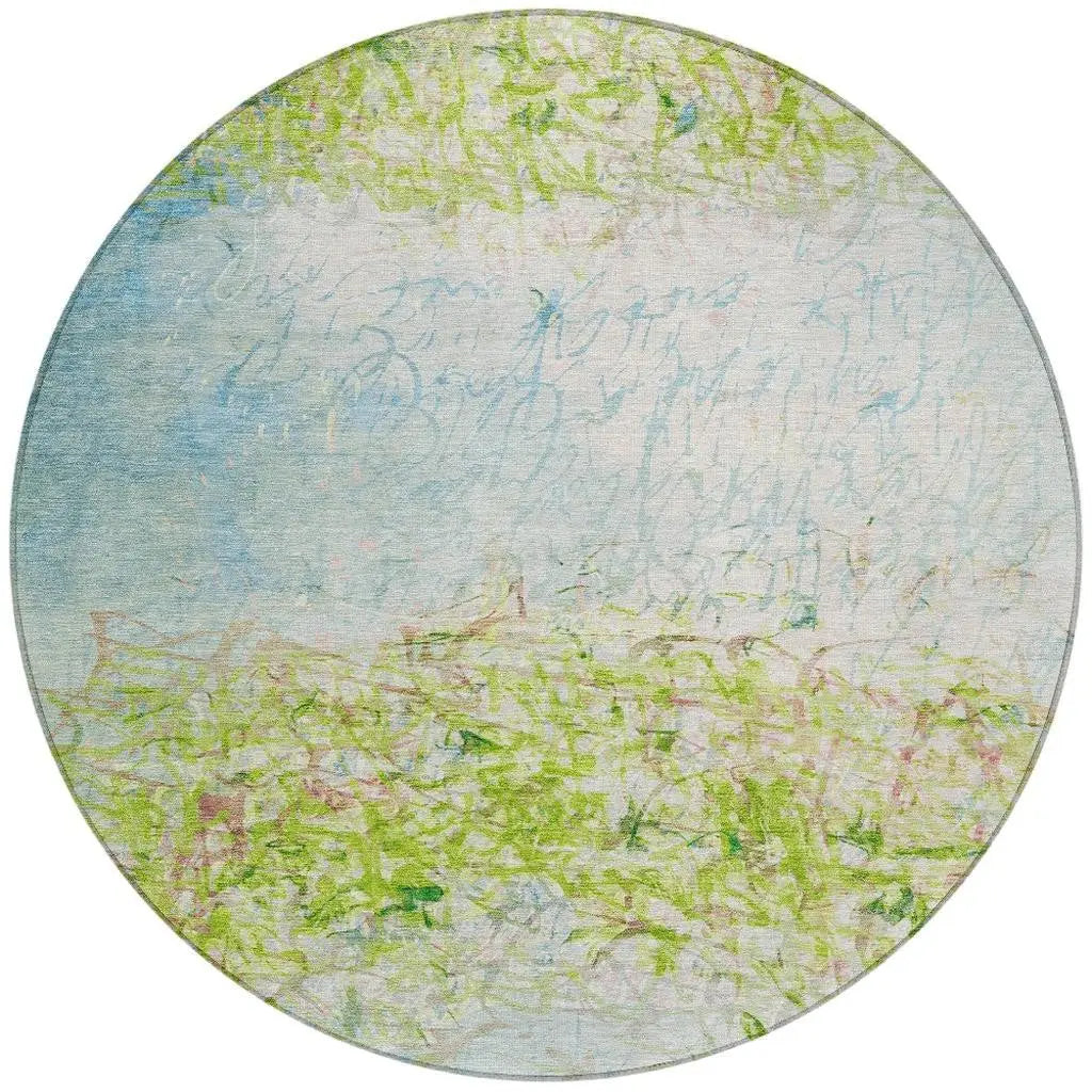 8' Lime Green And Ivory Round Abstract Washable Indoor Outdoor Area Rug Homeroots Outdoor