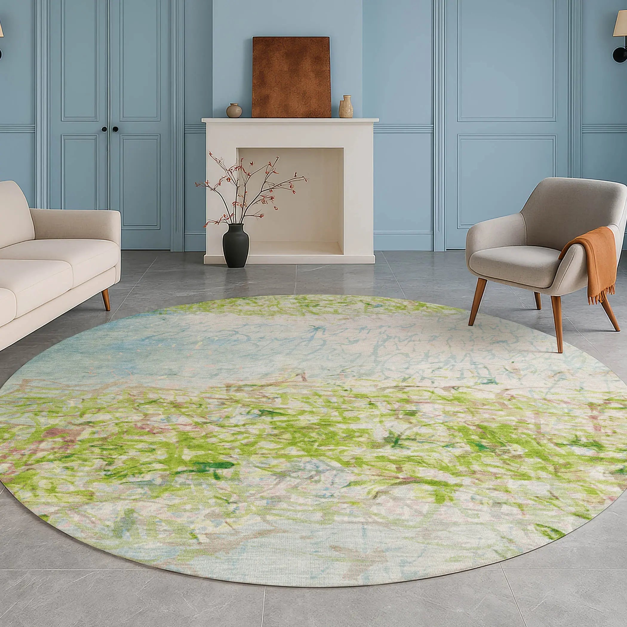 8' Lime Green And Ivory Round Abstract Washable Indoor Outdoor Area Rug Homeroots Outdoor