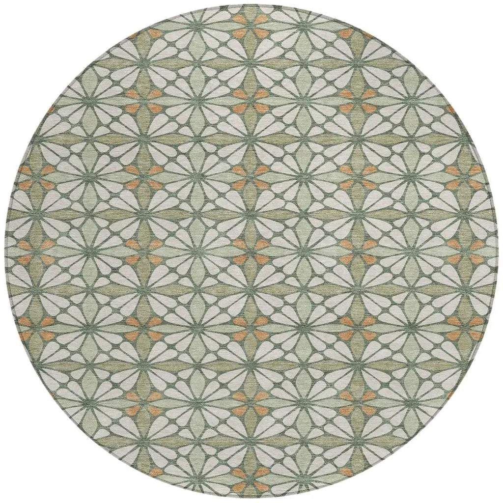 8' Linen And Beige Round Geometric Washable Indoor Outdoor Area Rug Homeroots Outdoor