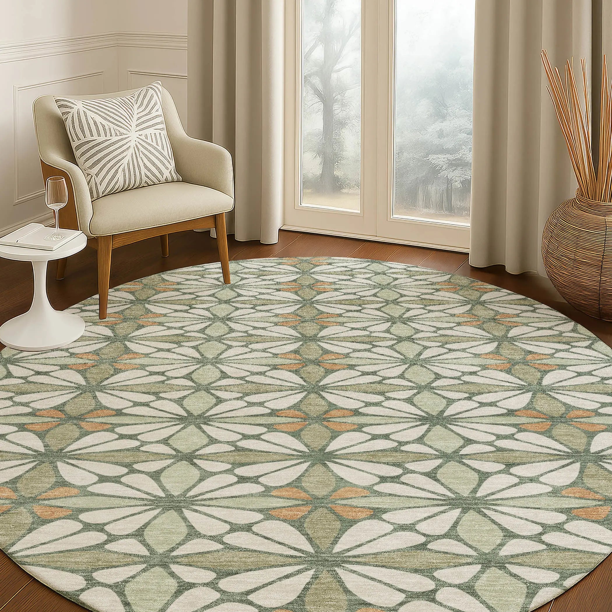 8' Linen And Beige Round Geometric Washable Indoor Outdoor Area Rug Homeroots Outdoor