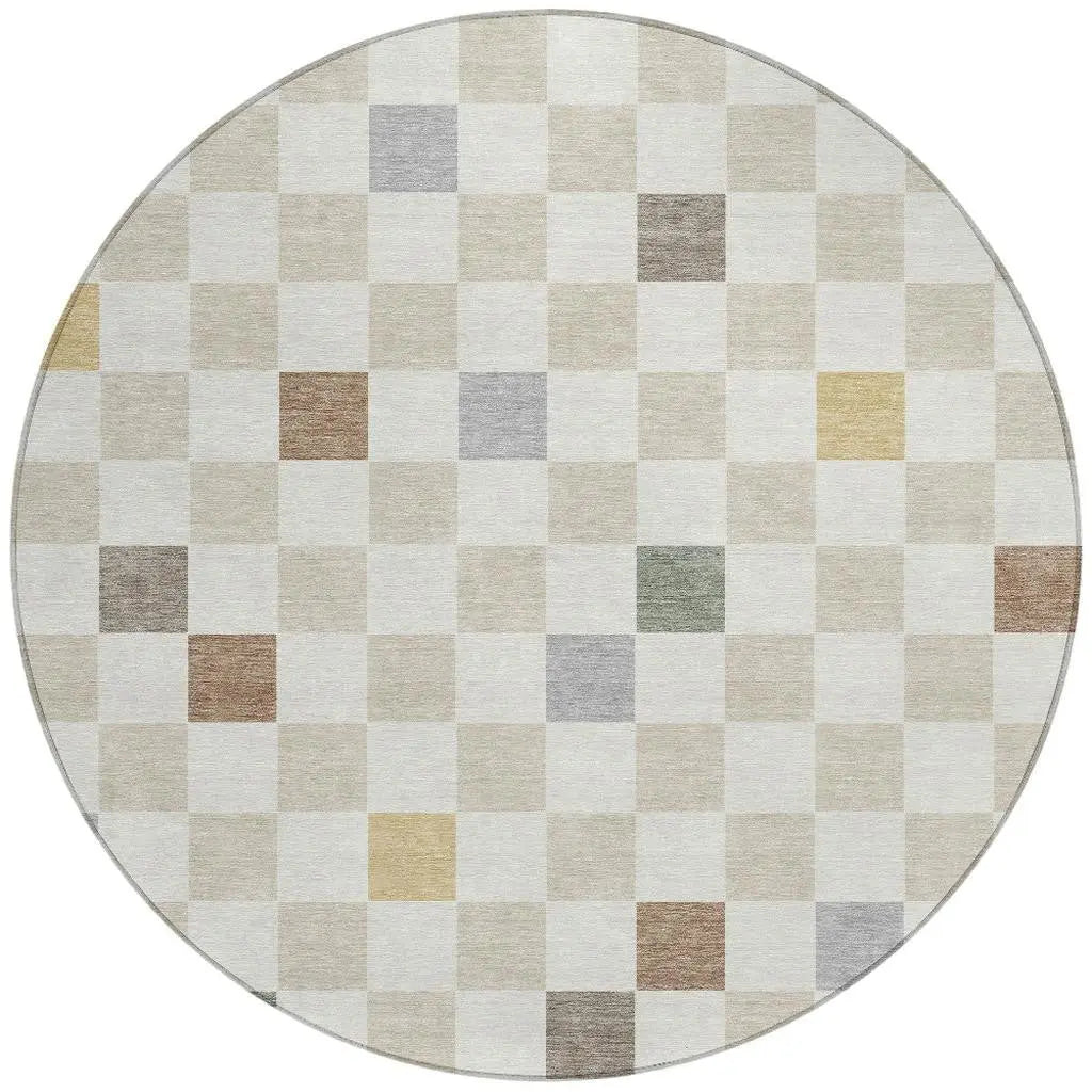 8' Linen And Black Round Geometric Washable Indoor Outdoor Area Rug Homeroots Outdoor