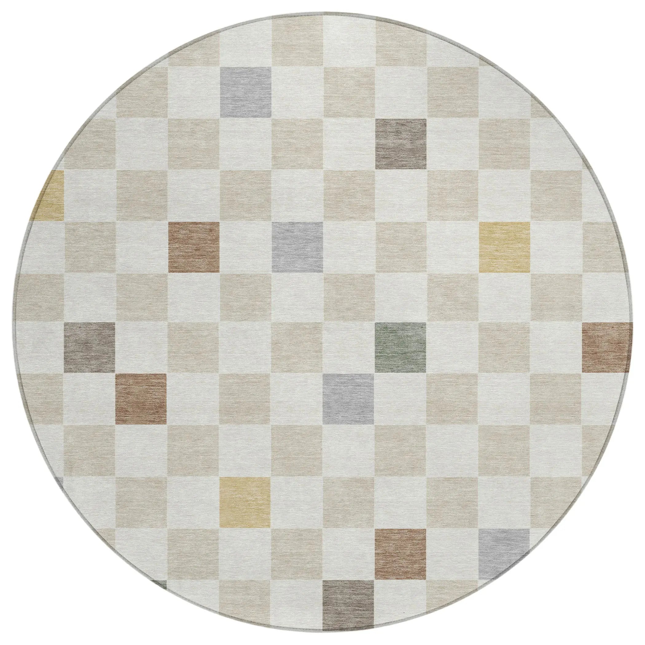 8' Linen And Black Round Geometric Washable Indoor Outdoor Area Rug Homeroots Outdoor