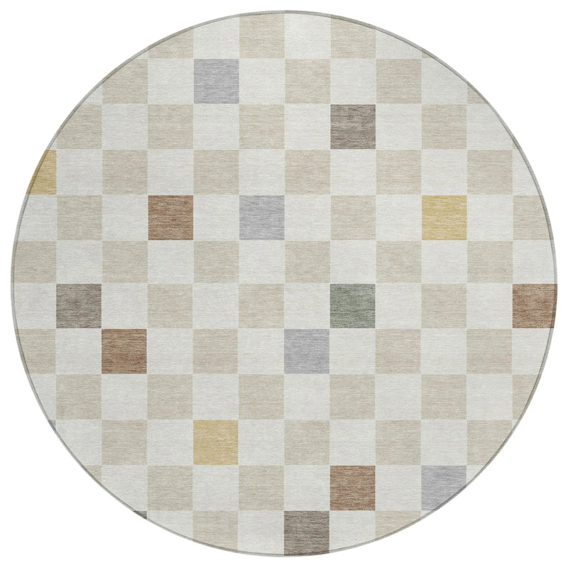 8' Linen And Black Round Geometric Washable Indoor Outdoor Area Rug Homeroots Outdoor