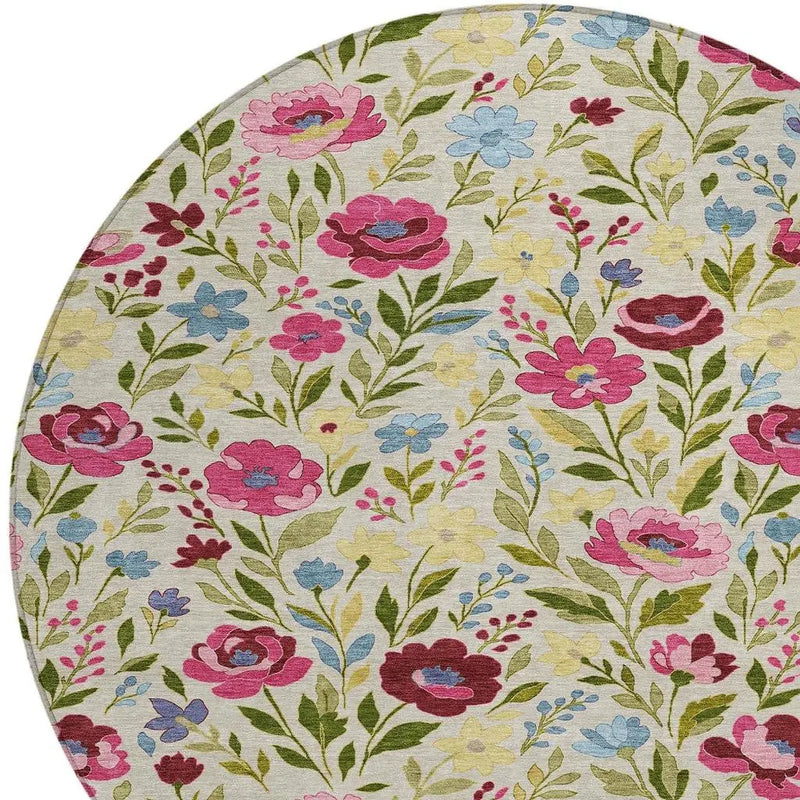 8' Linen And Blush Round Floral Washable Indoor Outdoor Area Rug Homeroots Outdoor