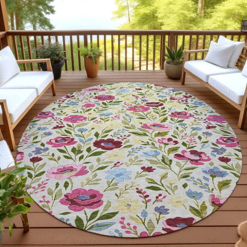 8' Linen And Blush Round Floral Washable Indoor Outdoor Area Rug Homeroots Outdoor