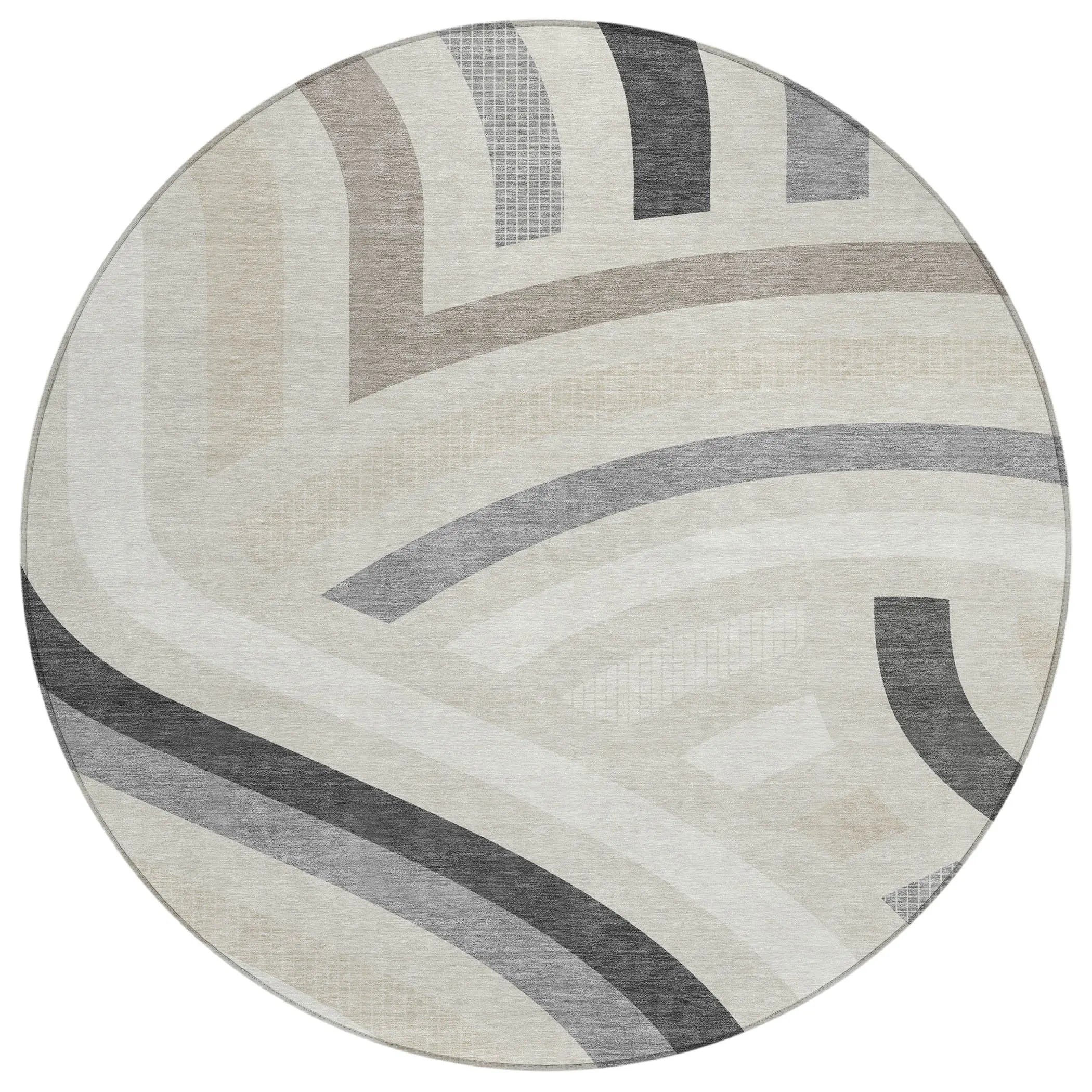8' Linen And Ivory Round Abstract Washable Indoor Outdoor Area Rug Homeroots Outdoor