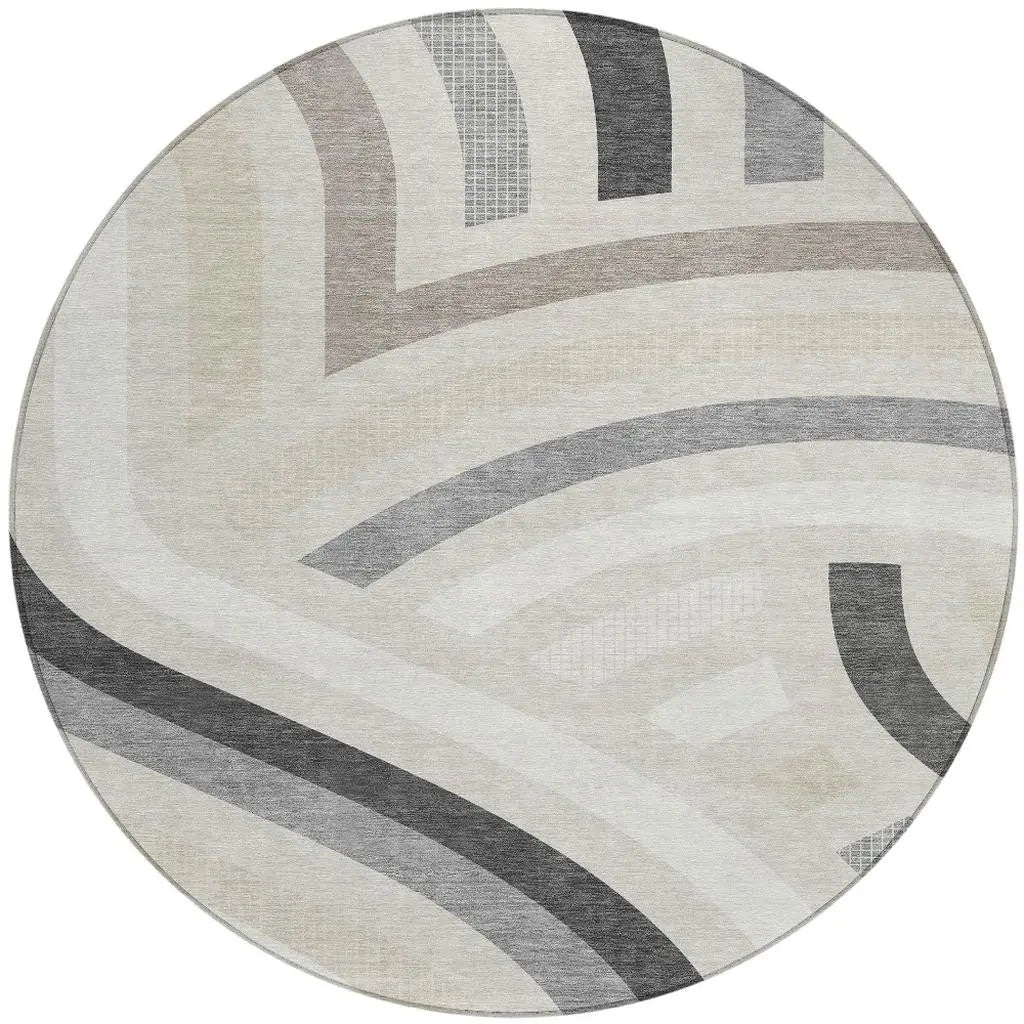 8' Linen And Ivory Round Abstract Washable Indoor Outdoor Area Rug Homeroots Outdoor
