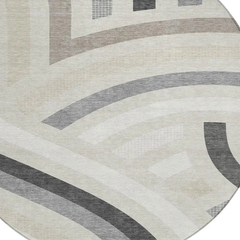 8' Linen And Ivory Round Abstract Washable Indoor Outdoor Area Rug Homeroots Outdoor