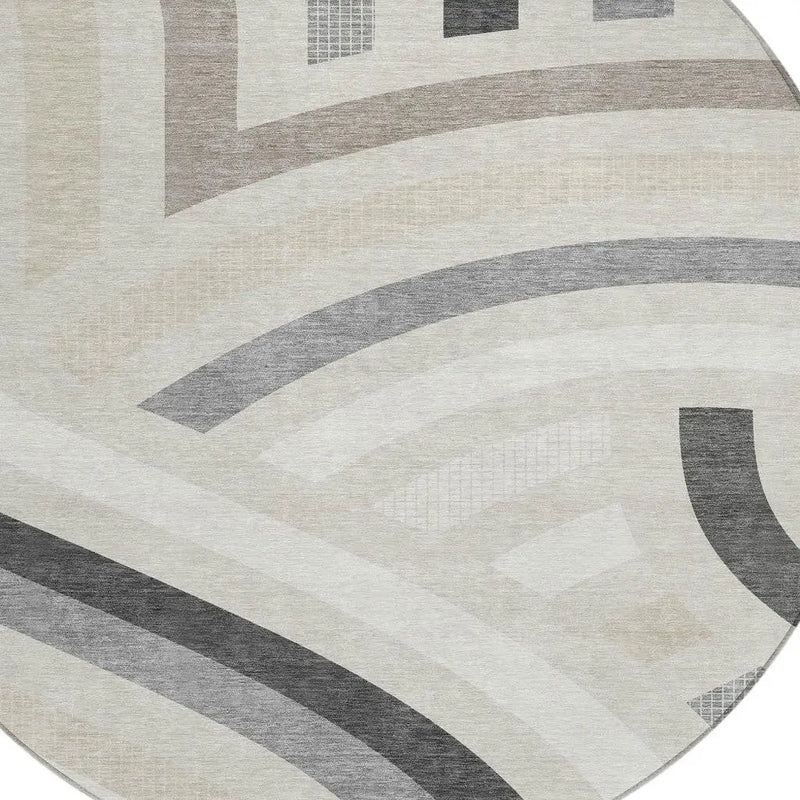 8' Linen And Ivory Round Abstract Washable Indoor Outdoor Area Rug Homeroots Outdoor