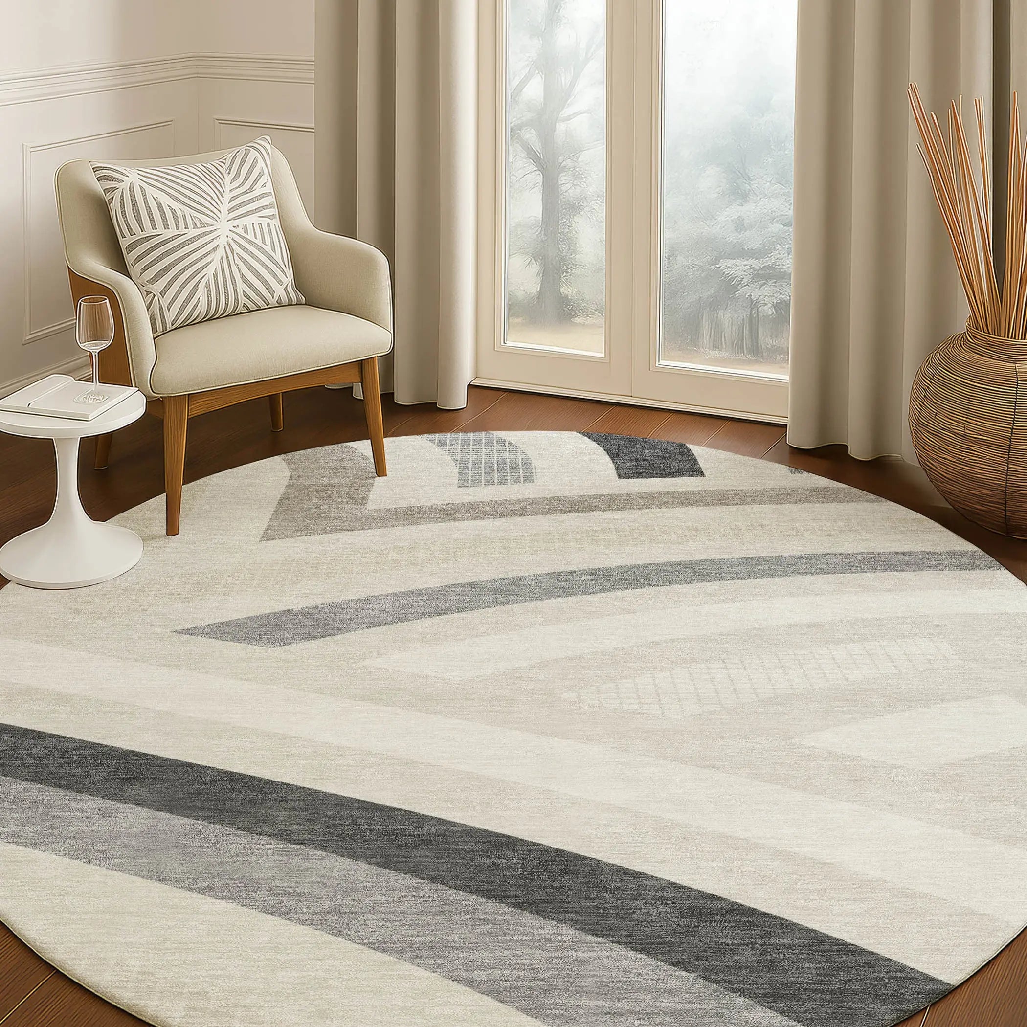 8' Linen And Ivory Round Abstract Washable Indoor Outdoor Area Rug Homeroots Outdoor
