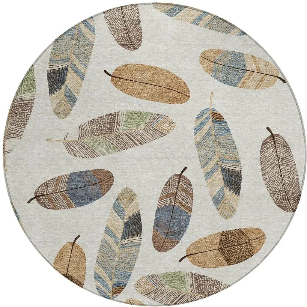 8' Linen And Ivory Round Botanical Leaves Washable Indoor Outdoor Area Rug Homeroots Outdoor