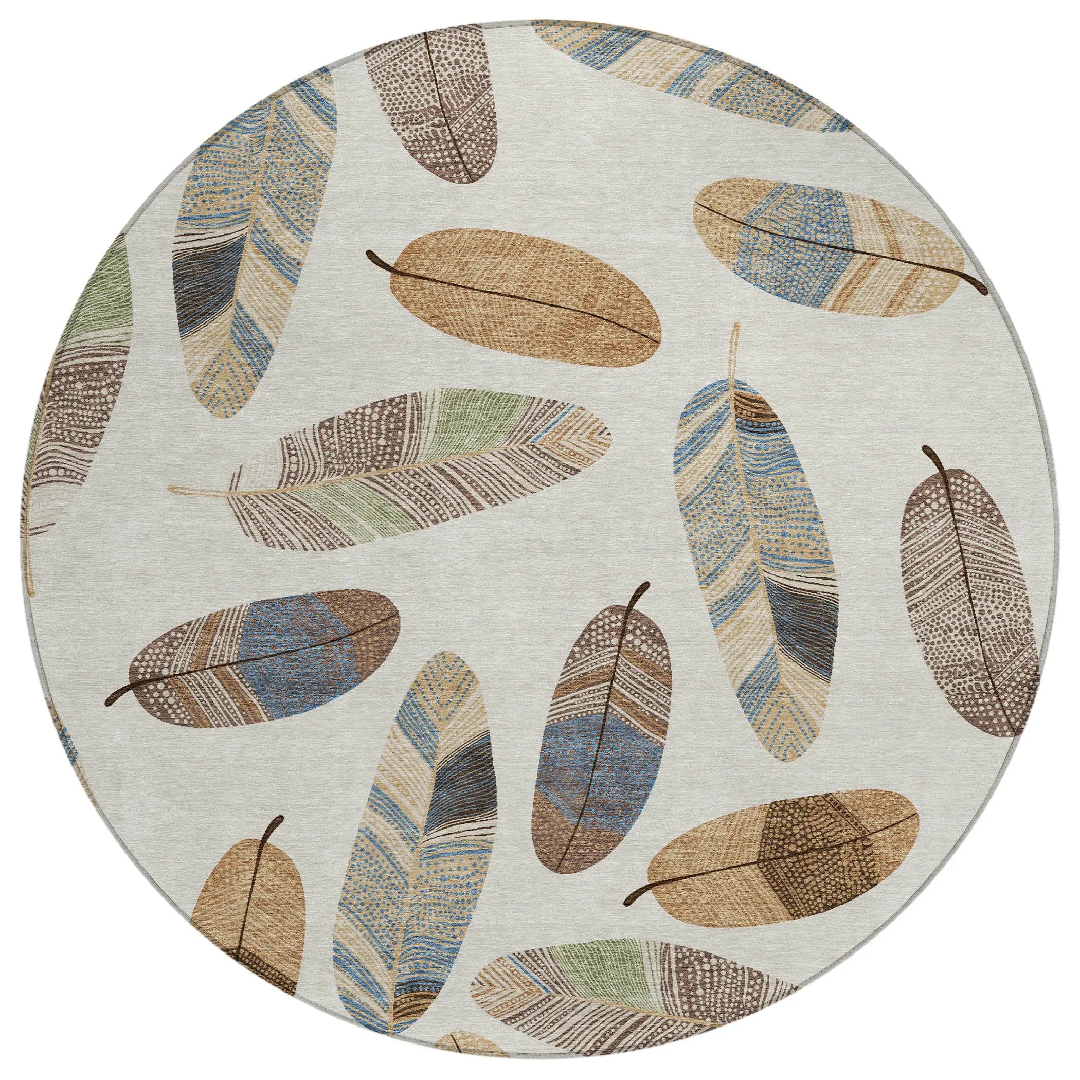 8' Linen And Ivory Round Botanical Leaves Washable Indoor Outdoor Area Rug Homeroots Outdoor