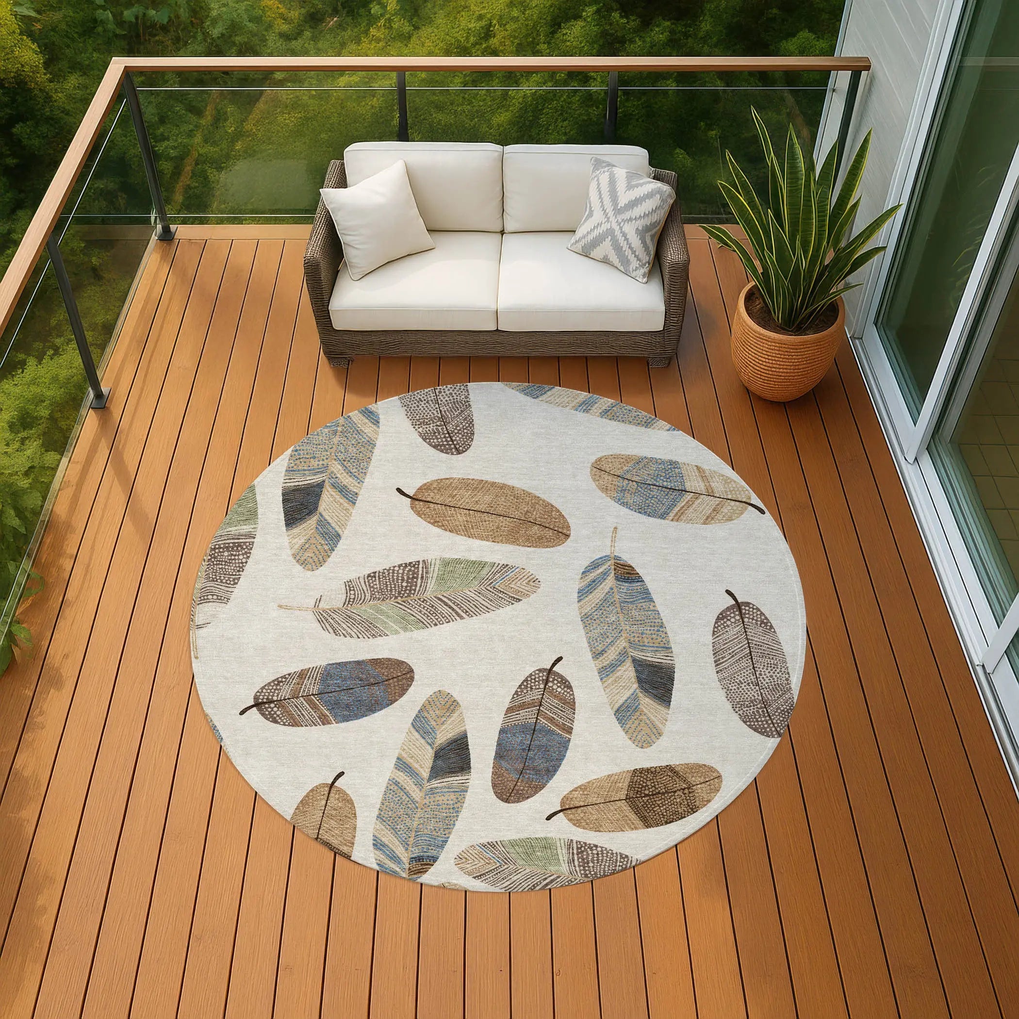8' Linen And Ivory Round Botanical Leaves Washable Indoor Outdoor Area Rug Homeroots Outdoor