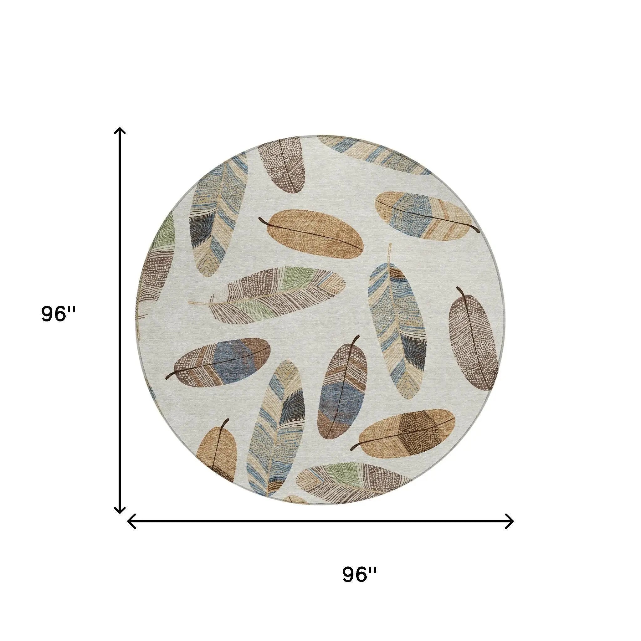 8' Linen And Ivory Round Botanical Leaves Washable Indoor Outdoor Area Rug Homeroots Outdoor