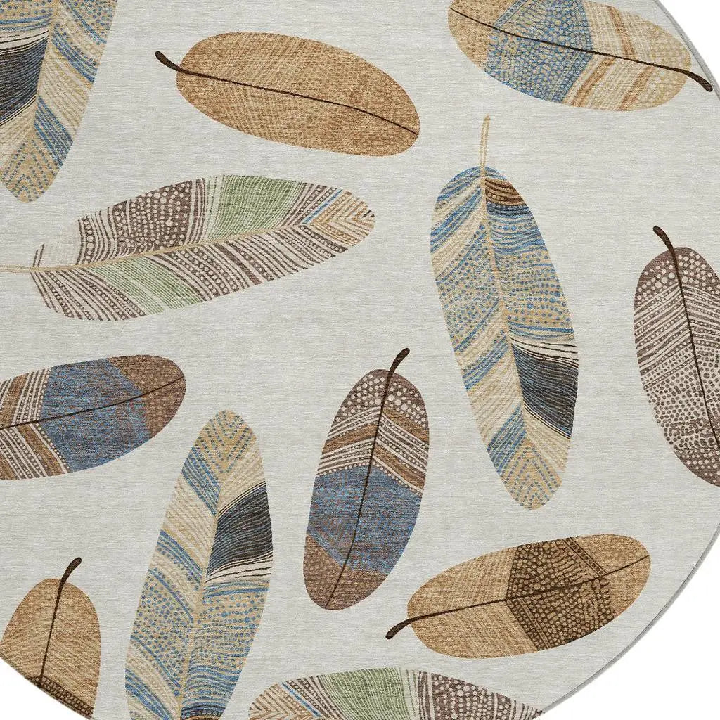 8' Linen And Ivory Round Botanical Leaves Washable Indoor Outdoor Area Rug Homeroots Outdoor