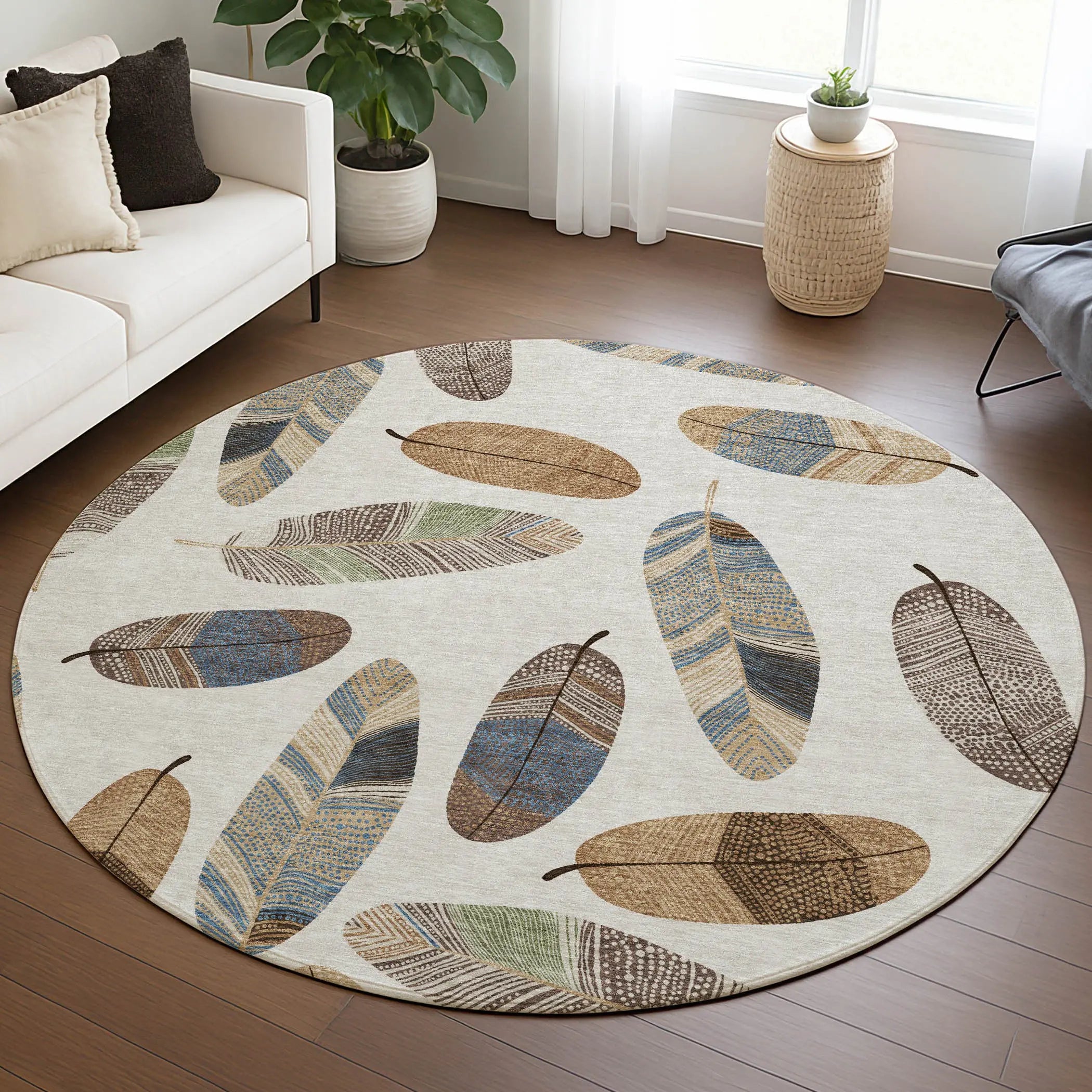 8' Linen And Ivory Round Botanical Leaves Washable Indoor Outdoor Area Rug Homeroots Outdoor