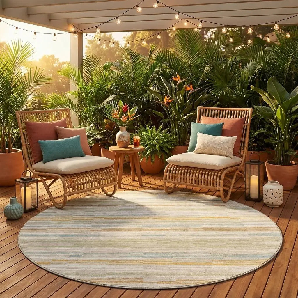 8' Linen And Ivory Round Striped Washable Indoor Outdoor Area Rug Homeroots Outdoor