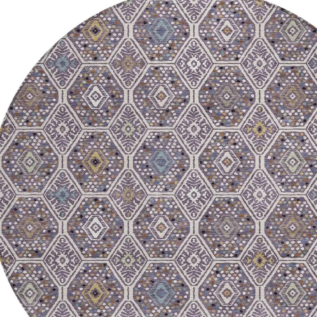 8' Linen And Plum Round Geometric Washable Indoor Outdoor Area Rug Homeroots Outdoor