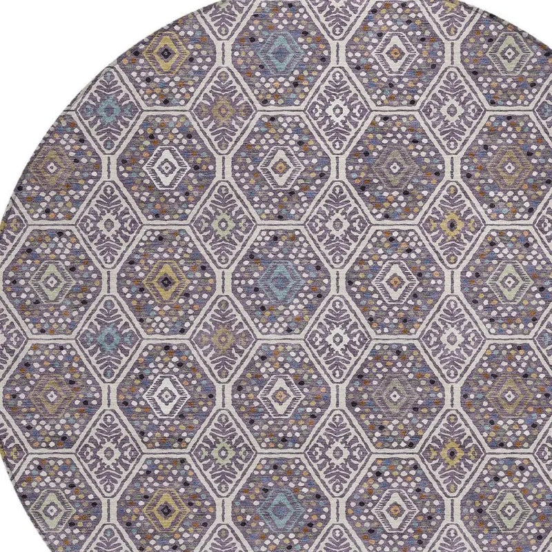 8' Linen And Plum Round Geometric Washable Indoor Outdoor Area Rug Homeroots Outdoor