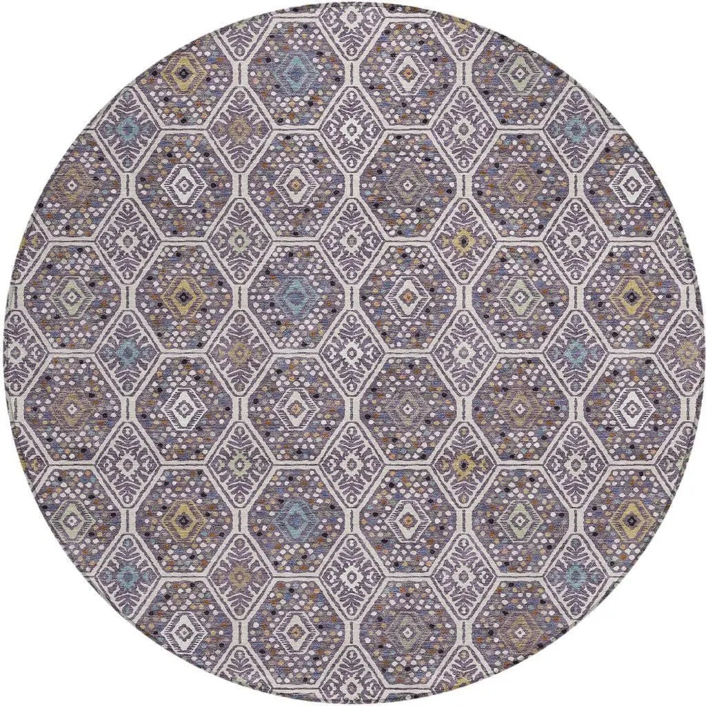 8' Linen And Plum Round Geometric Washable Indoor Outdoor Area Rug Homeroots Outdoor
