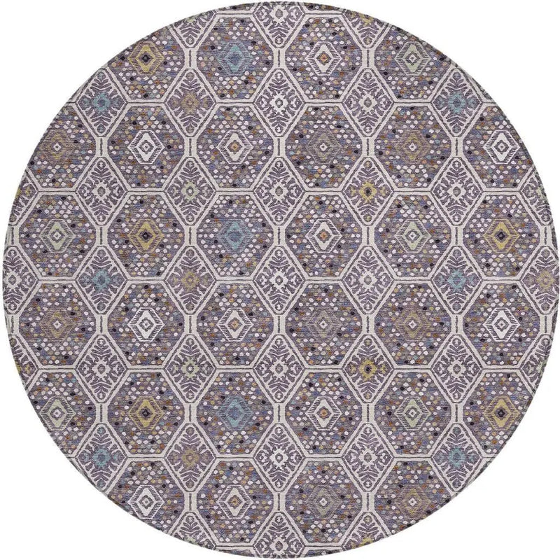 8' Linen And Plum Round Geometric Washable Indoor Outdoor Area Rug Homeroots Outdoor