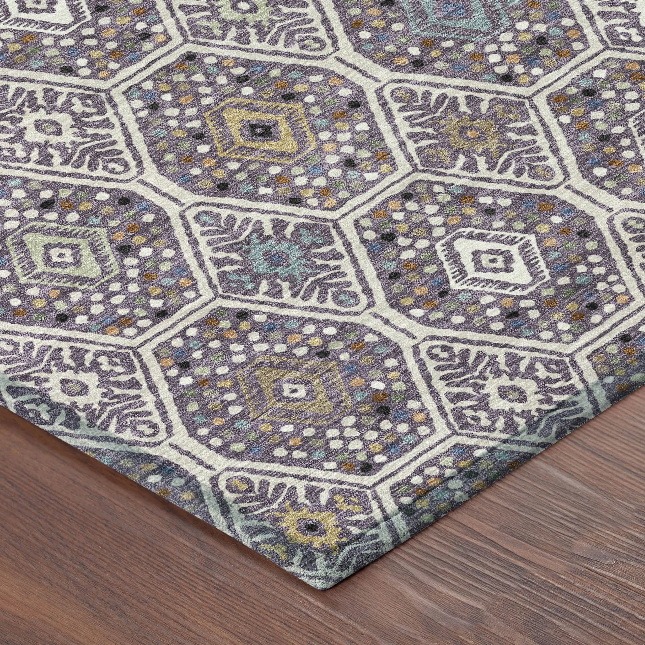 8' Linen And Plum Round Geometric Washable Indoor Outdoor Area Rug Homeroots Outdoor