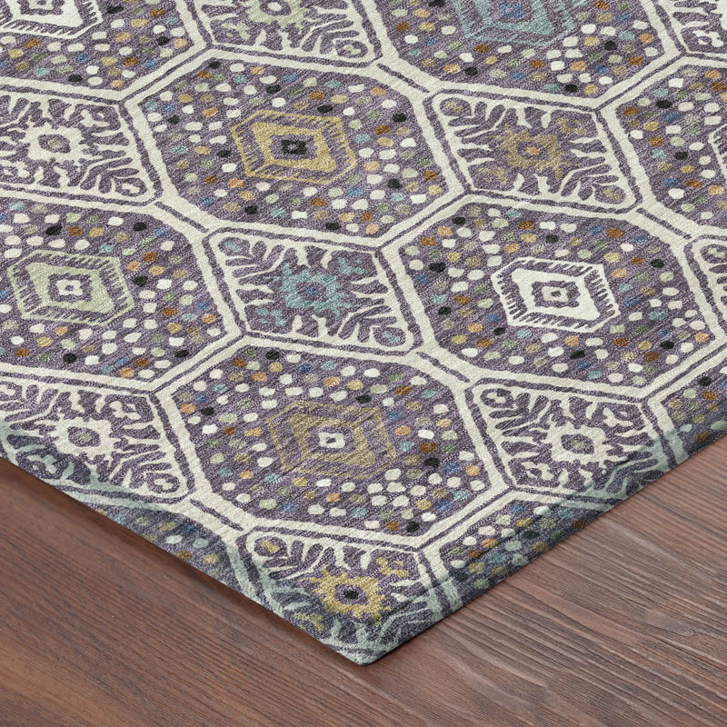 8' Linen And Plum Round Geometric Washable Indoor Outdoor Area Rug Homeroots Outdoor
