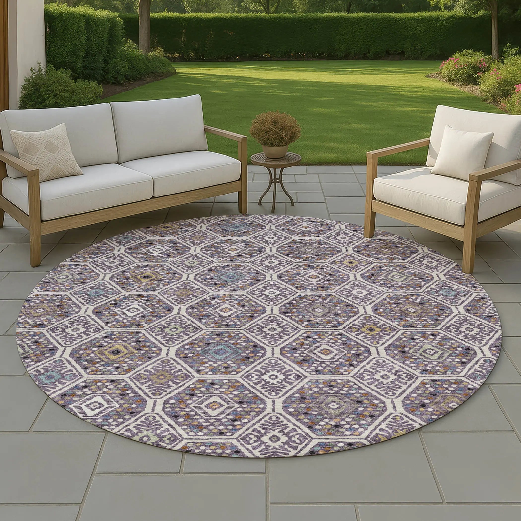 8' Linen And Plum Round Geometric Washable Indoor Outdoor Area Rug Homeroots Outdoor