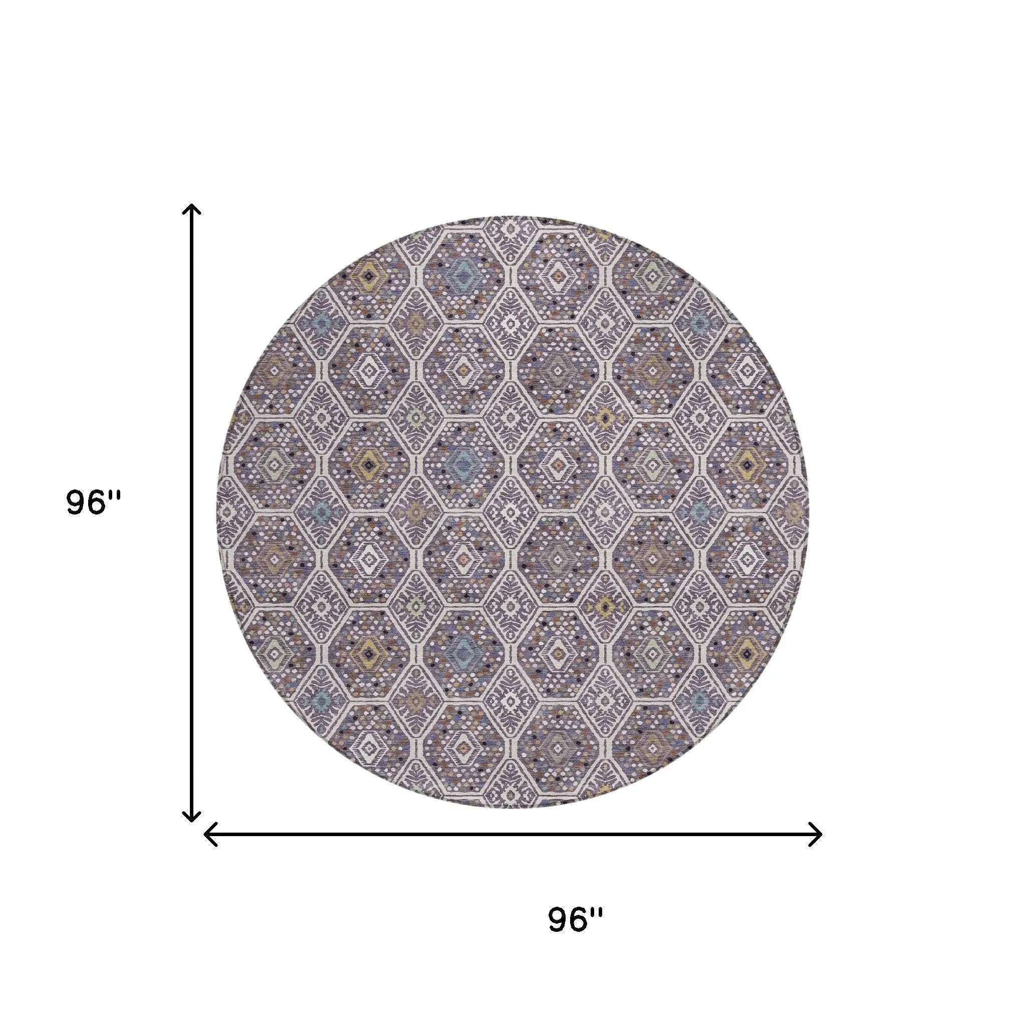 8' Linen And Plum Round Geometric Washable Indoor Outdoor Area Rug Homeroots Outdoor