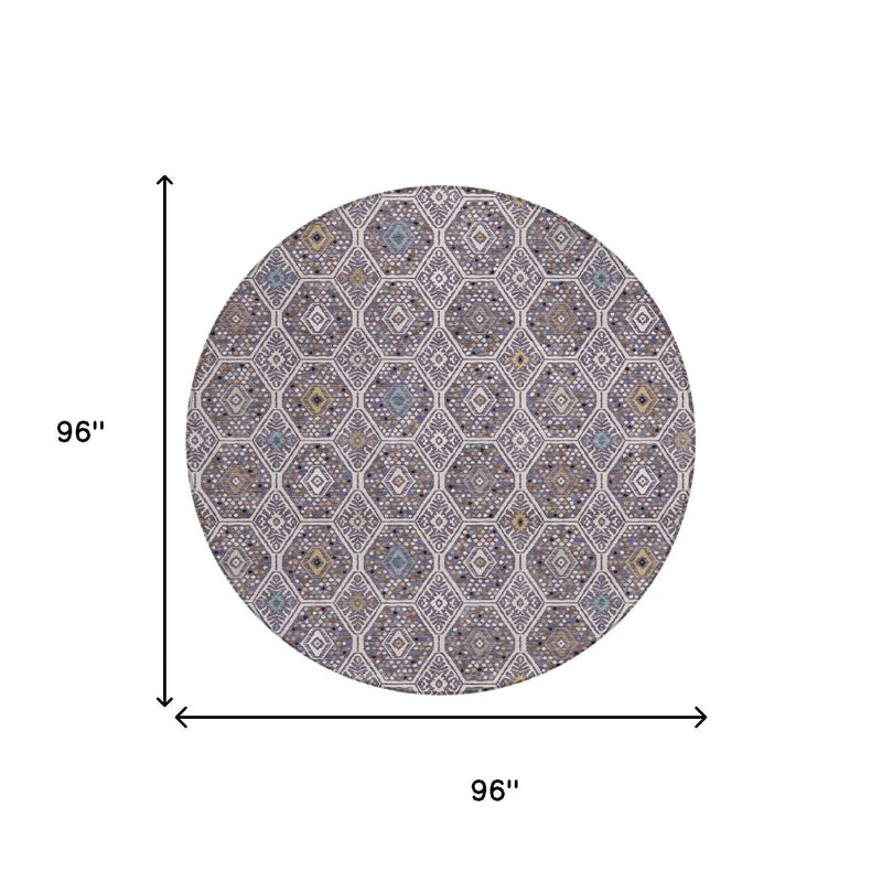 8' Linen And Plum Round Geometric Washable Indoor Outdoor Area Rug Homeroots Outdoor
