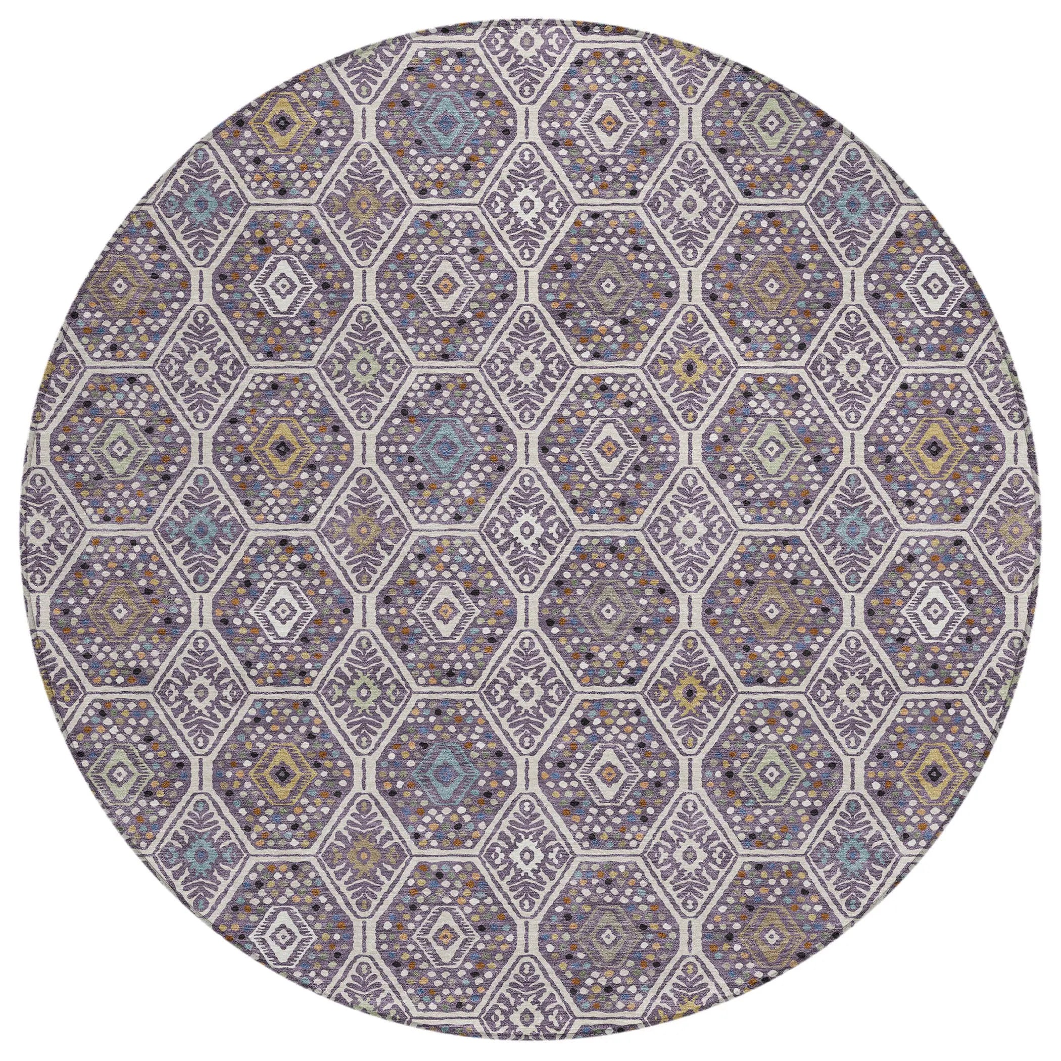 8' Linen And Plum Round Geometric Washable Indoor Outdoor Area Rug Homeroots Outdoor