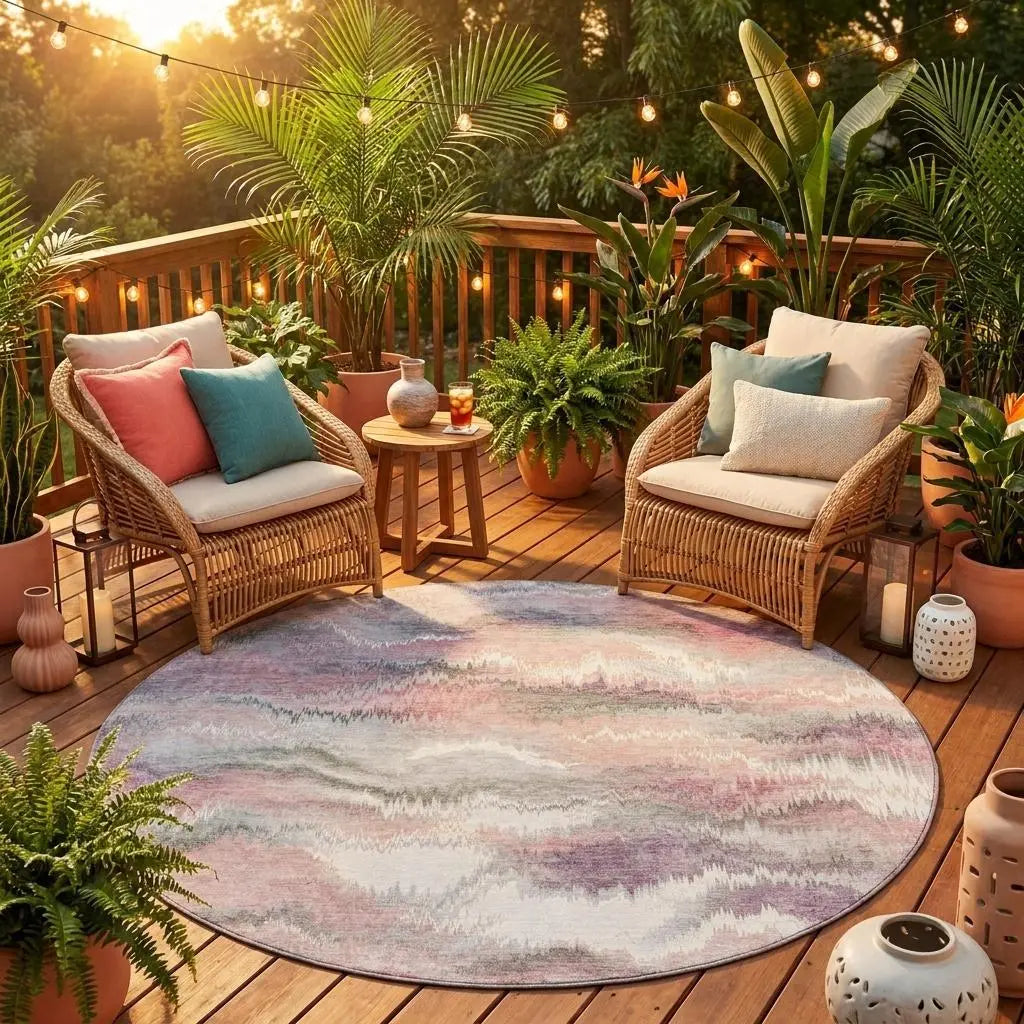 8' Mauve And Pink Round Abstract Washable Indoor Outdoor Area Rug Homeroots Outdoor