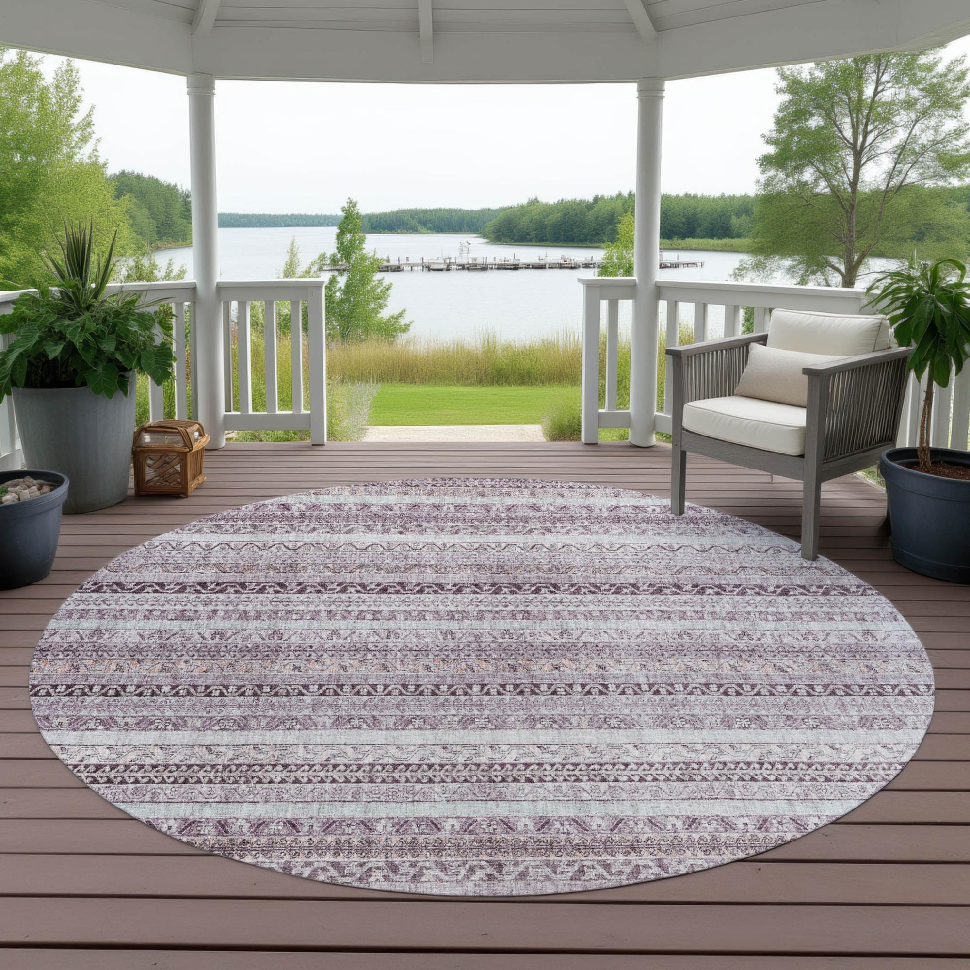 8' Mauve And Pink Round Striped Washable Indoor Outdoor Area Rug Homeroots Outdoor