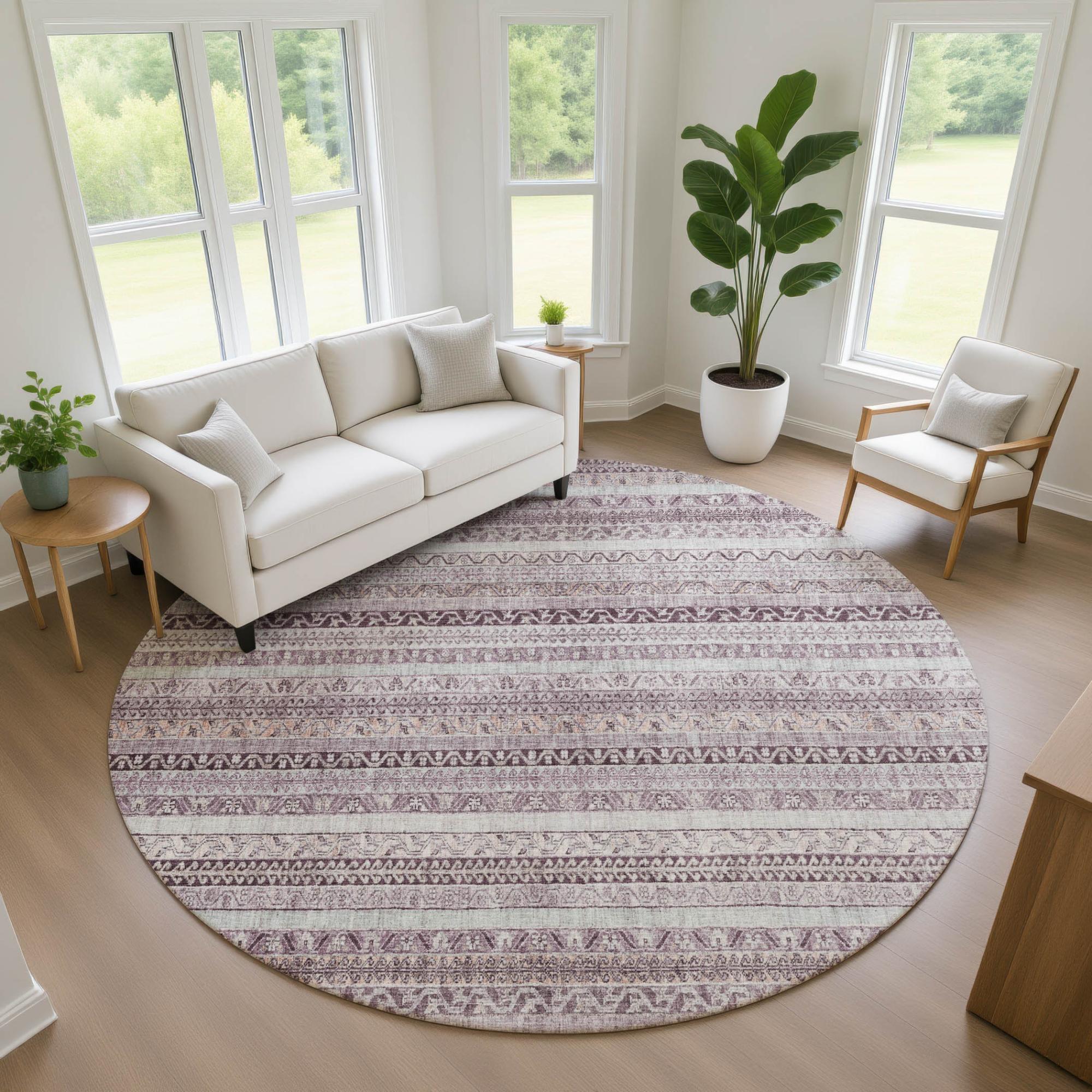 8' Mauve And Pink Round Striped Washable Indoor Outdoor Area Rug Homeroots Outdoor