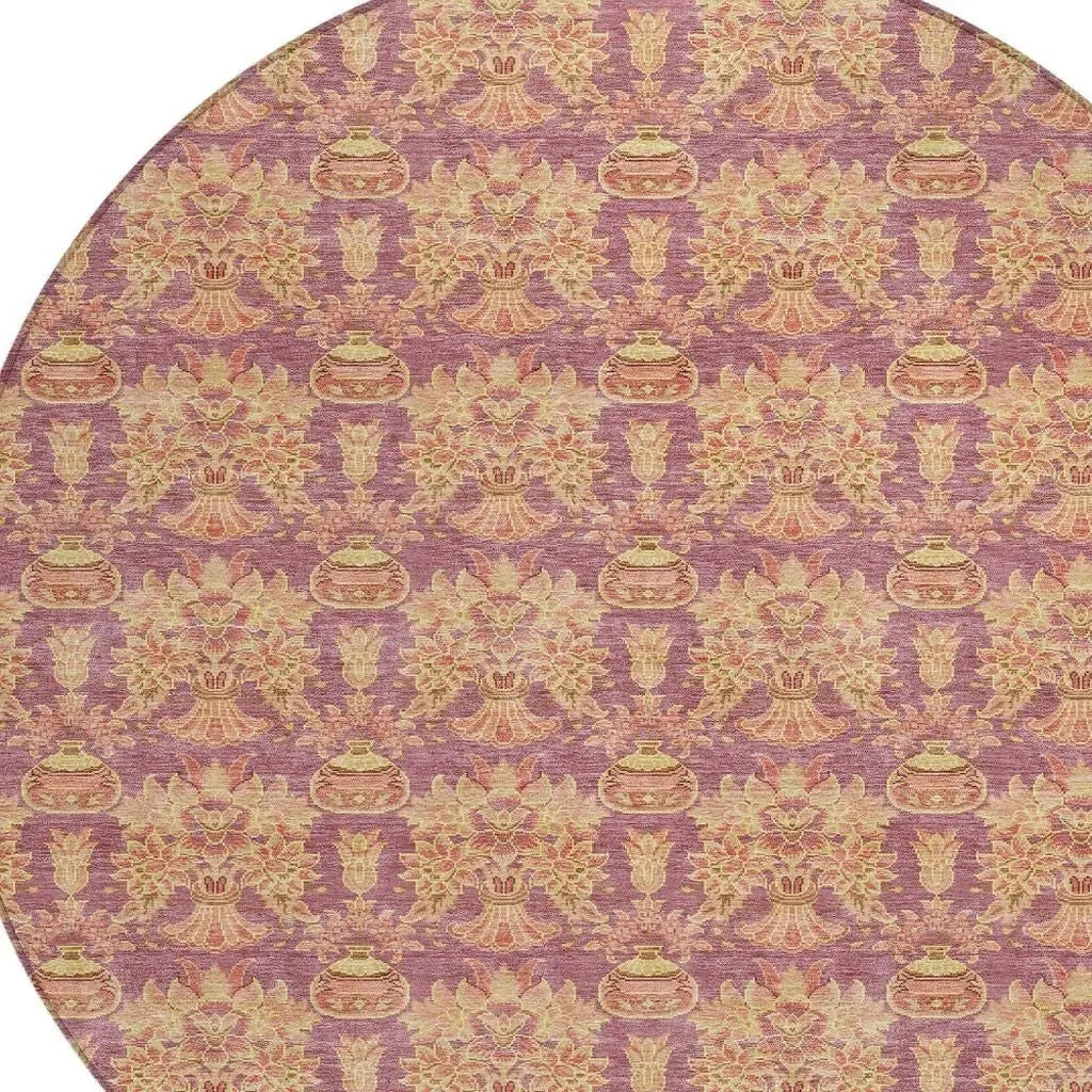 8' Mauve And Taupe Round Floral Washable Indoor Outdoor Area Rug Homeroots Outdoor