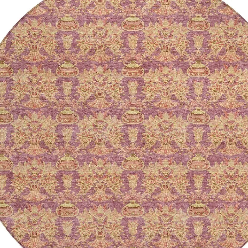 8' Mauve And Taupe Round Floral Washable Indoor Outdoor Area Rug Homeroots Outdoor