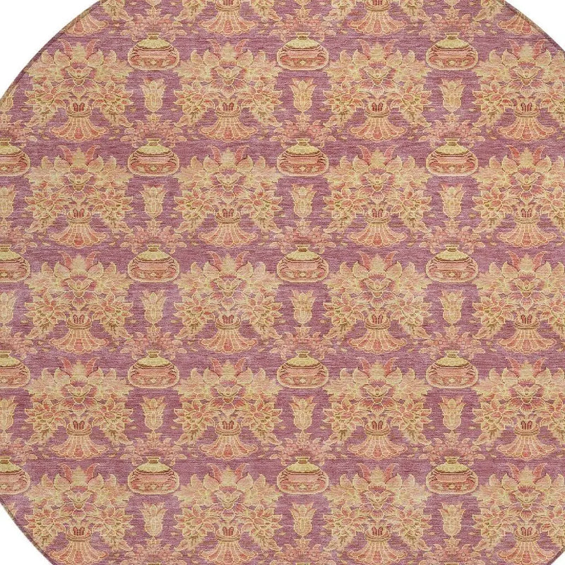 8' Mauve And Taupe Round Floral Washable Indoor Outdoor Area Rug Homeroots Outdoor
