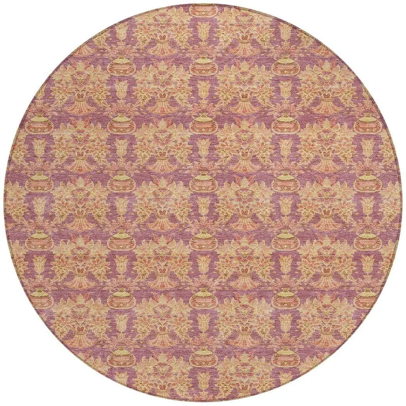 8' Mauve And Taupe Round Floral Washable Indoor Outdoor Area Rug Homeroots Outdoor