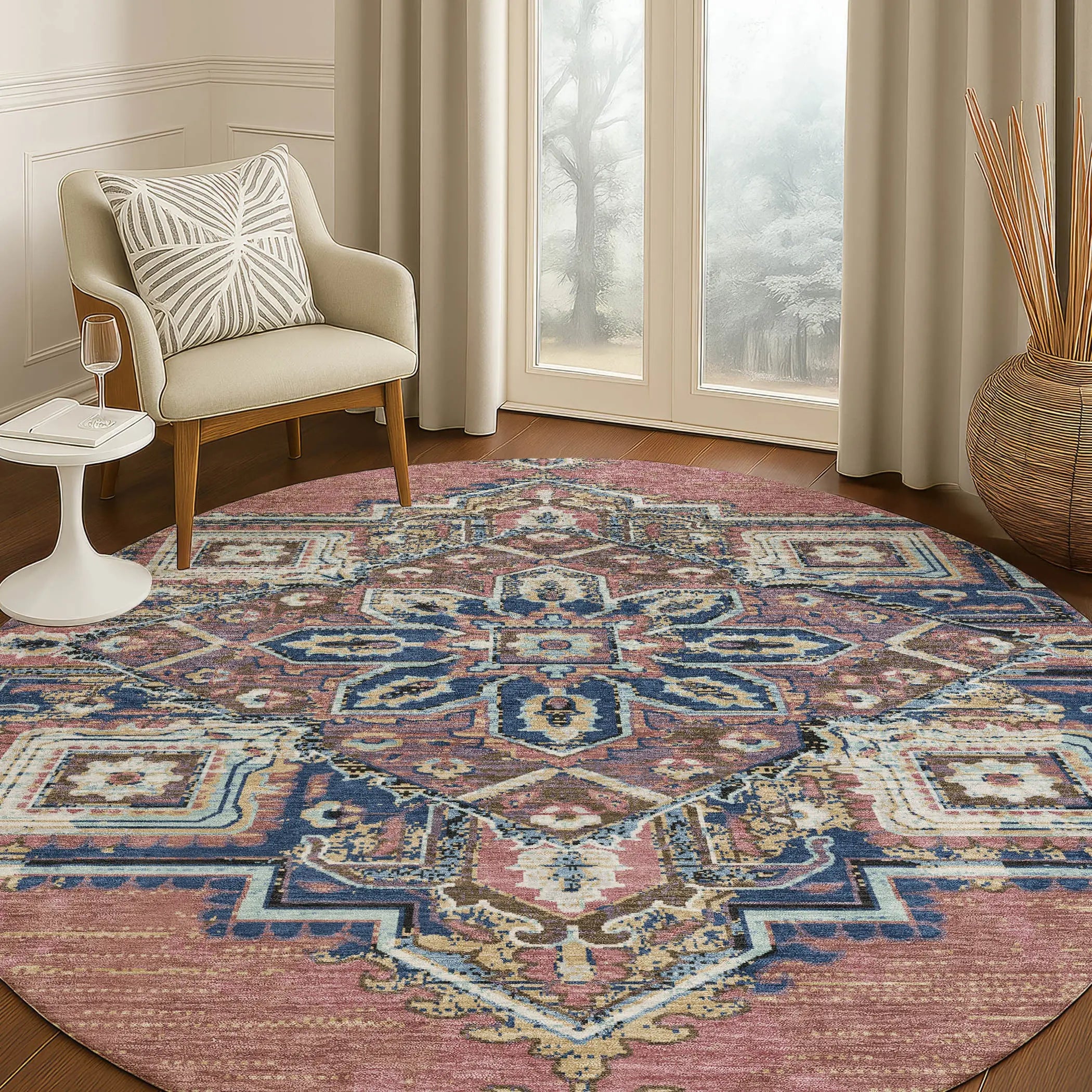 8' Merlot And Gold Round Oriental Washable Indoor Outdoor Area Rug Homeroots Outdoor