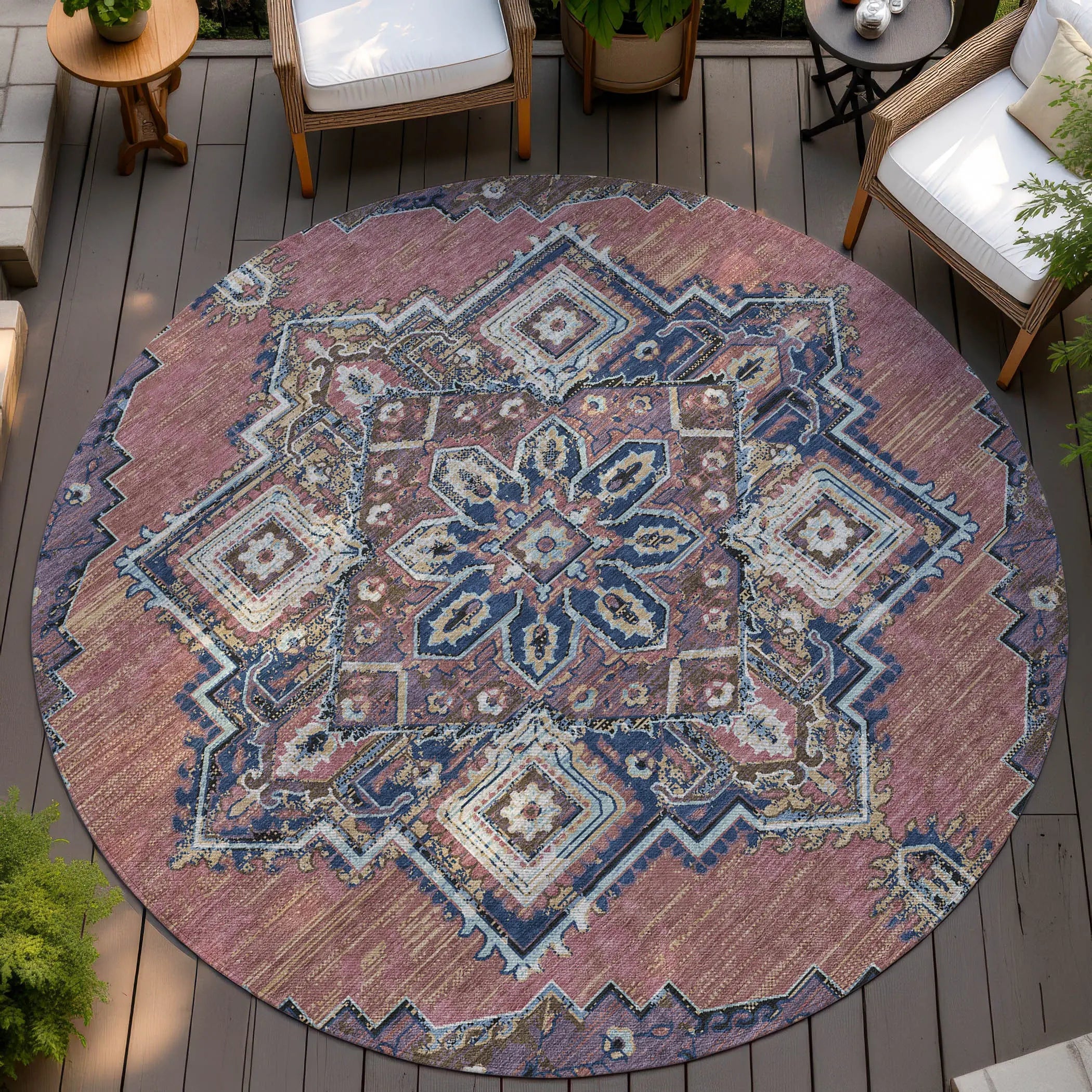8' Merlot And Gold Round Oriental Washable Indoor Outdoor Area Rug Homeroots Outdoor