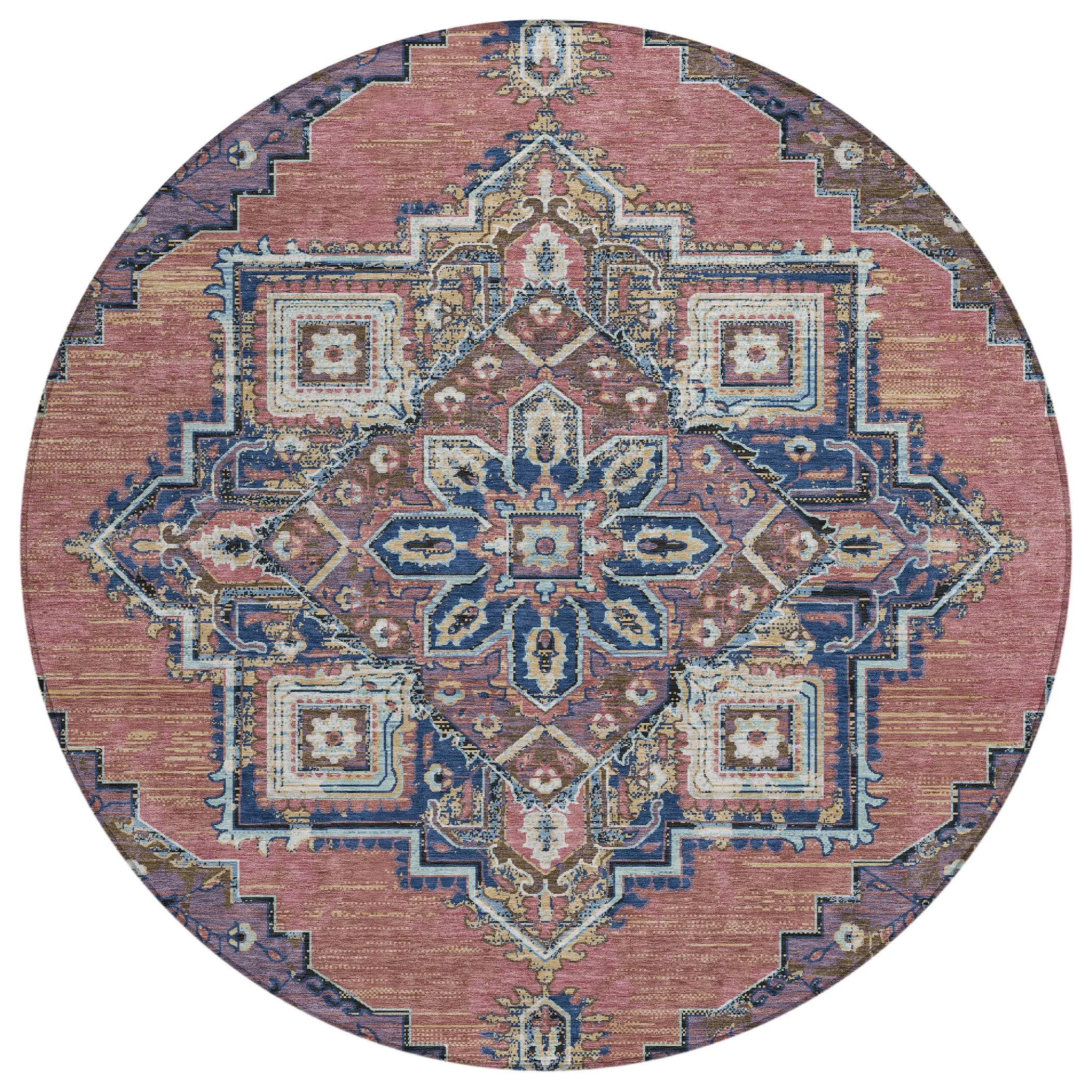 8' Merlot And Gold Round Oriental Washable Indoor Outdoor Area Rug Homeroots Outdoor