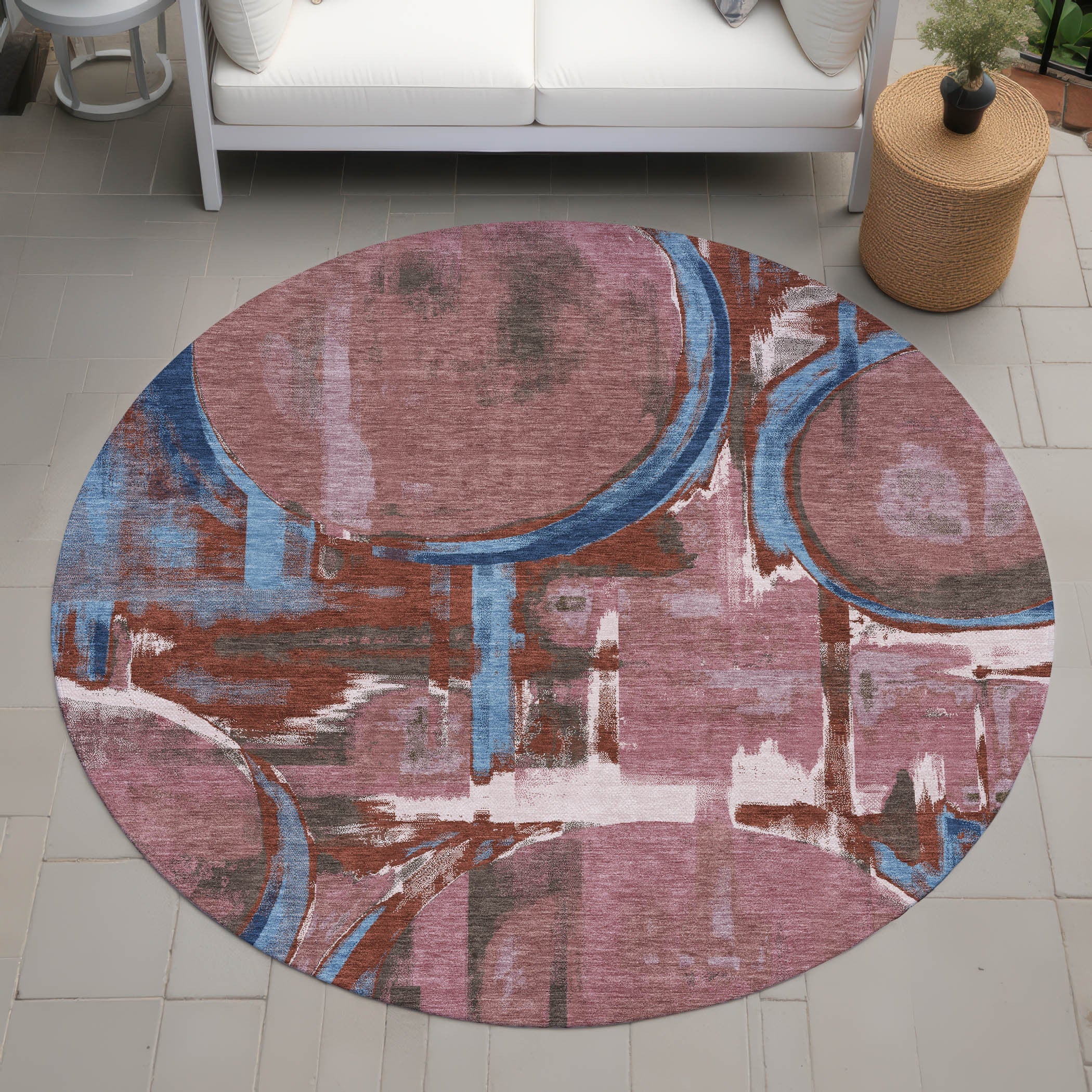8' Merlot And Red Round Abstract Washable Indoor Outdoor Area Rug Homeroots Outdoor
