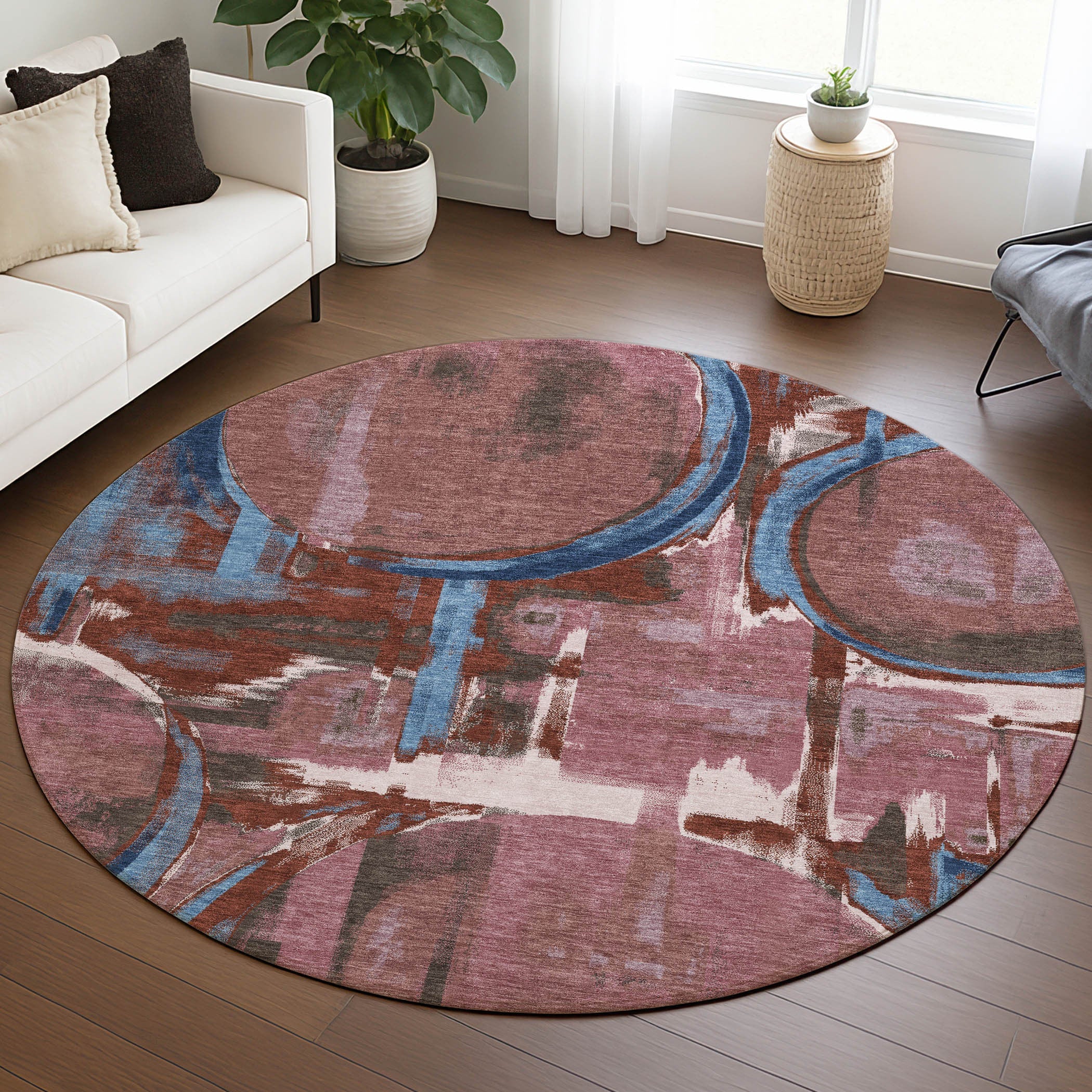 8' Merlot And Red Round Abstract Washable Indoor Outdoor Area Rug Homeroots Outdoor