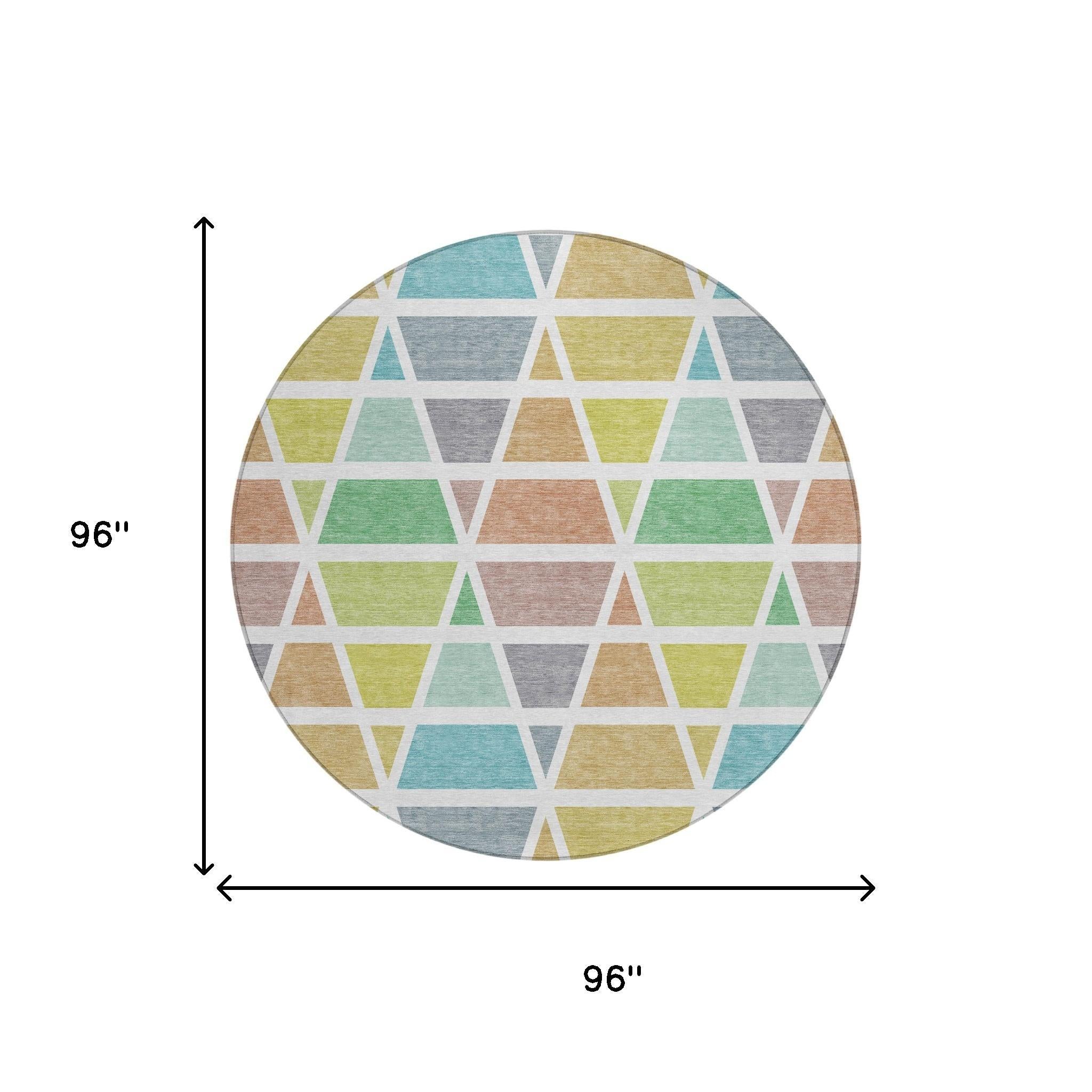 8' Mint Green And Green Round Geometric Washable Indoor Outdoor Area Rug Homeroots Outdoor