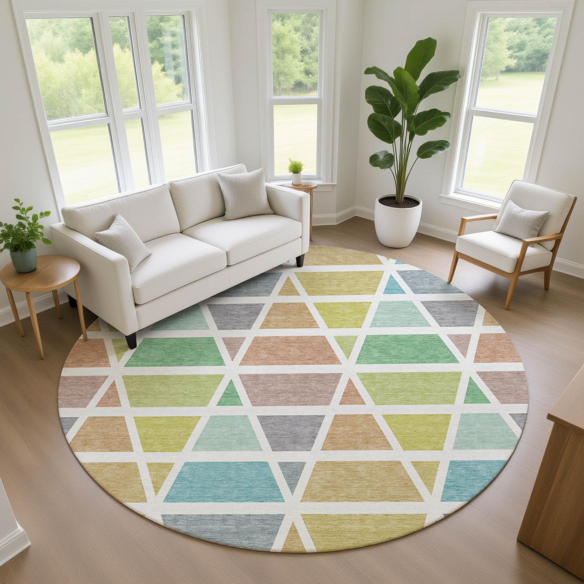 8' Mint Green And Green Round Geometric Washable Indoor Outdoor Area Rug Homeroots Outdoor