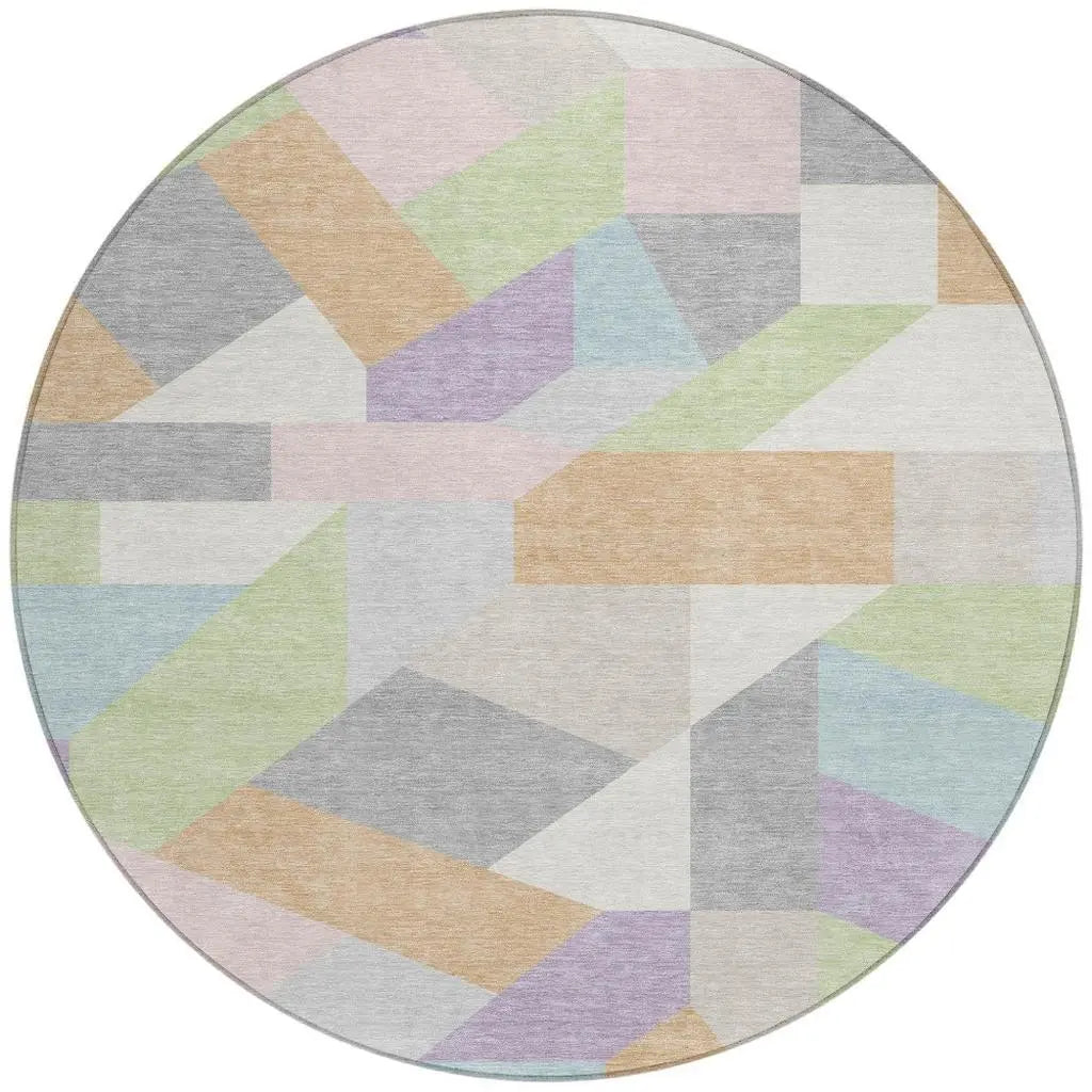 8' Mint Green And Green Round Geometric Washable Indoor Outdoor Area Rug Homeroots Outdoor